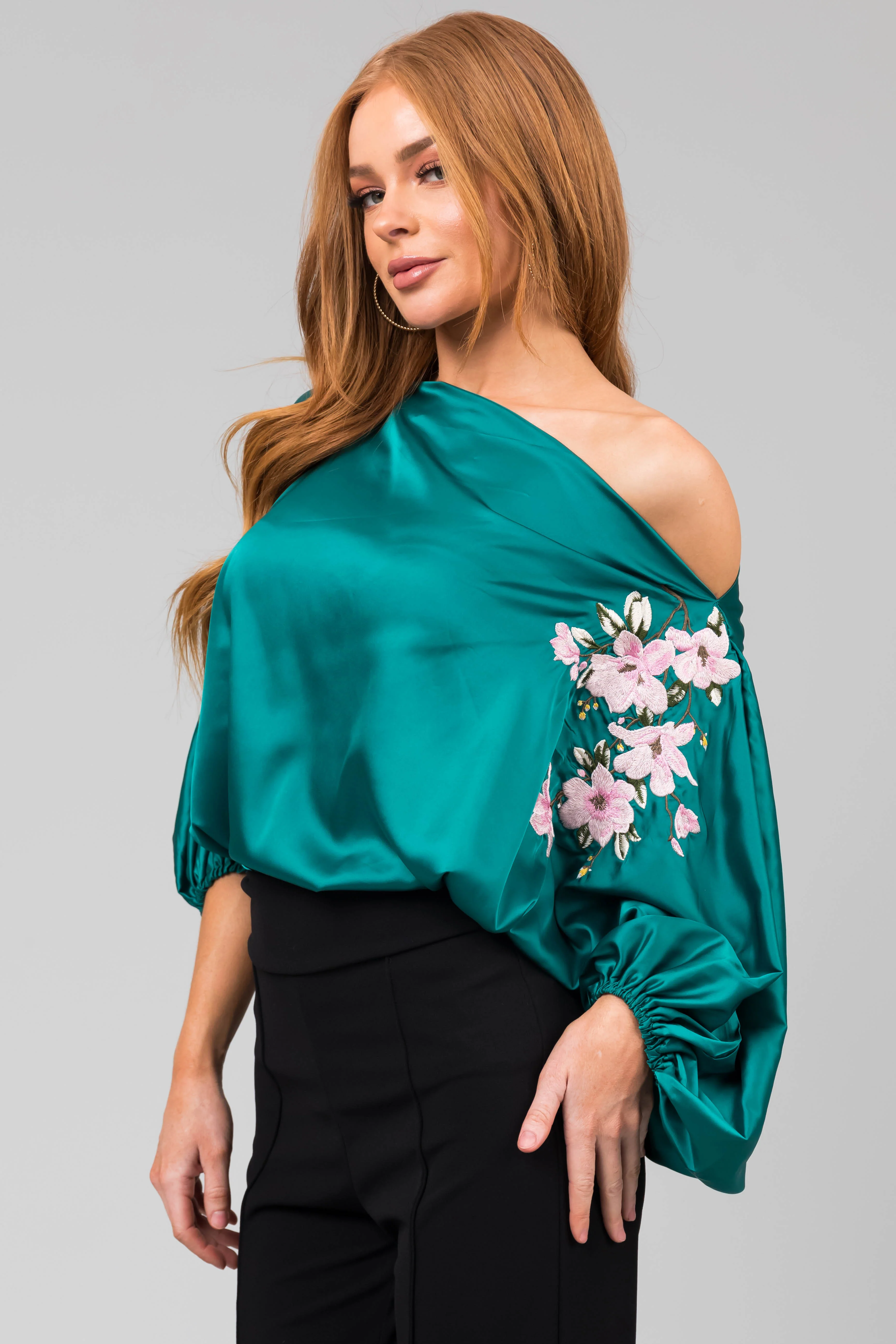 Jungle Green Floral Embroidery Satin Blouse - LD SALE
