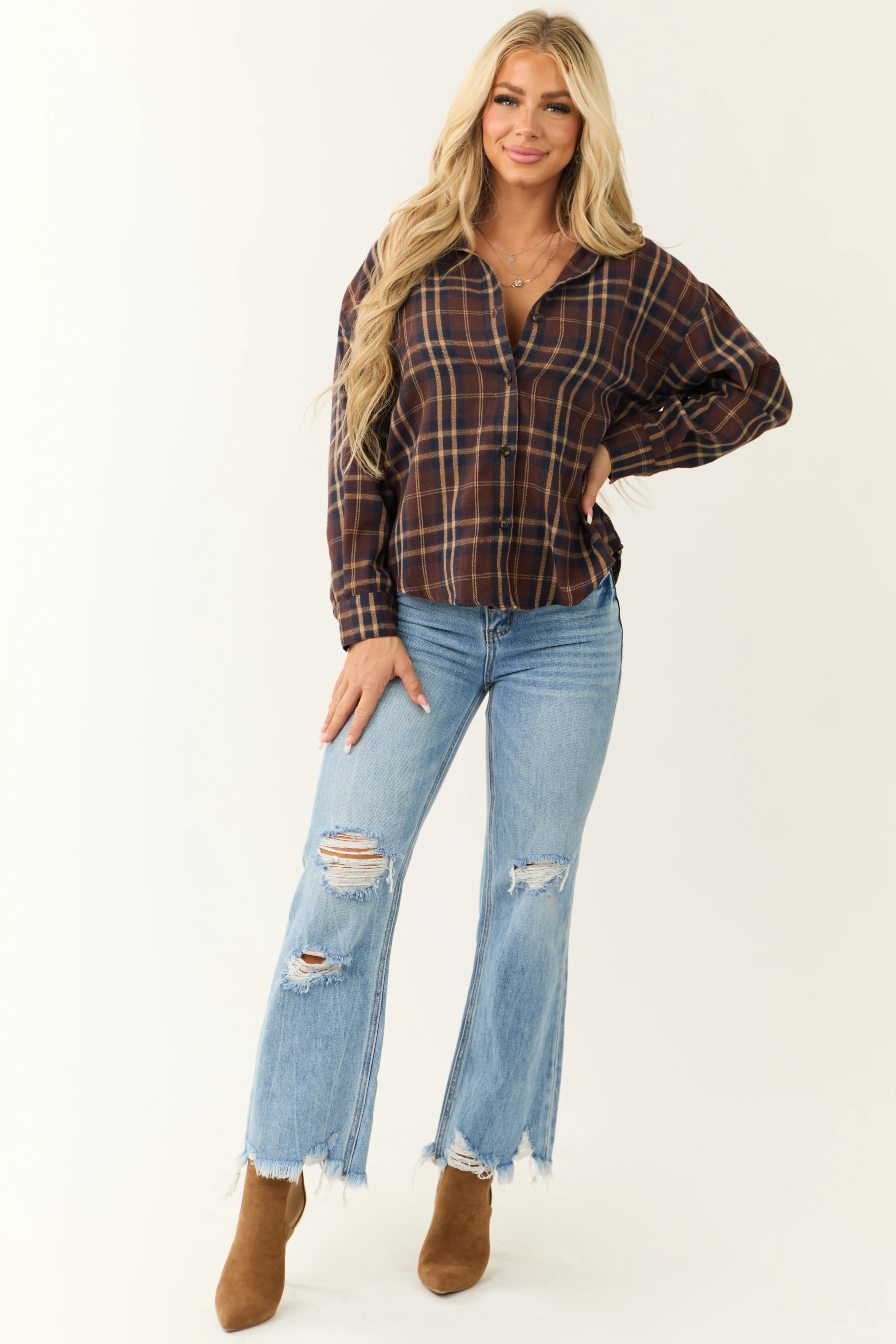 Chocolate Plaid Button Down Long Sleeve Top - LD SALE