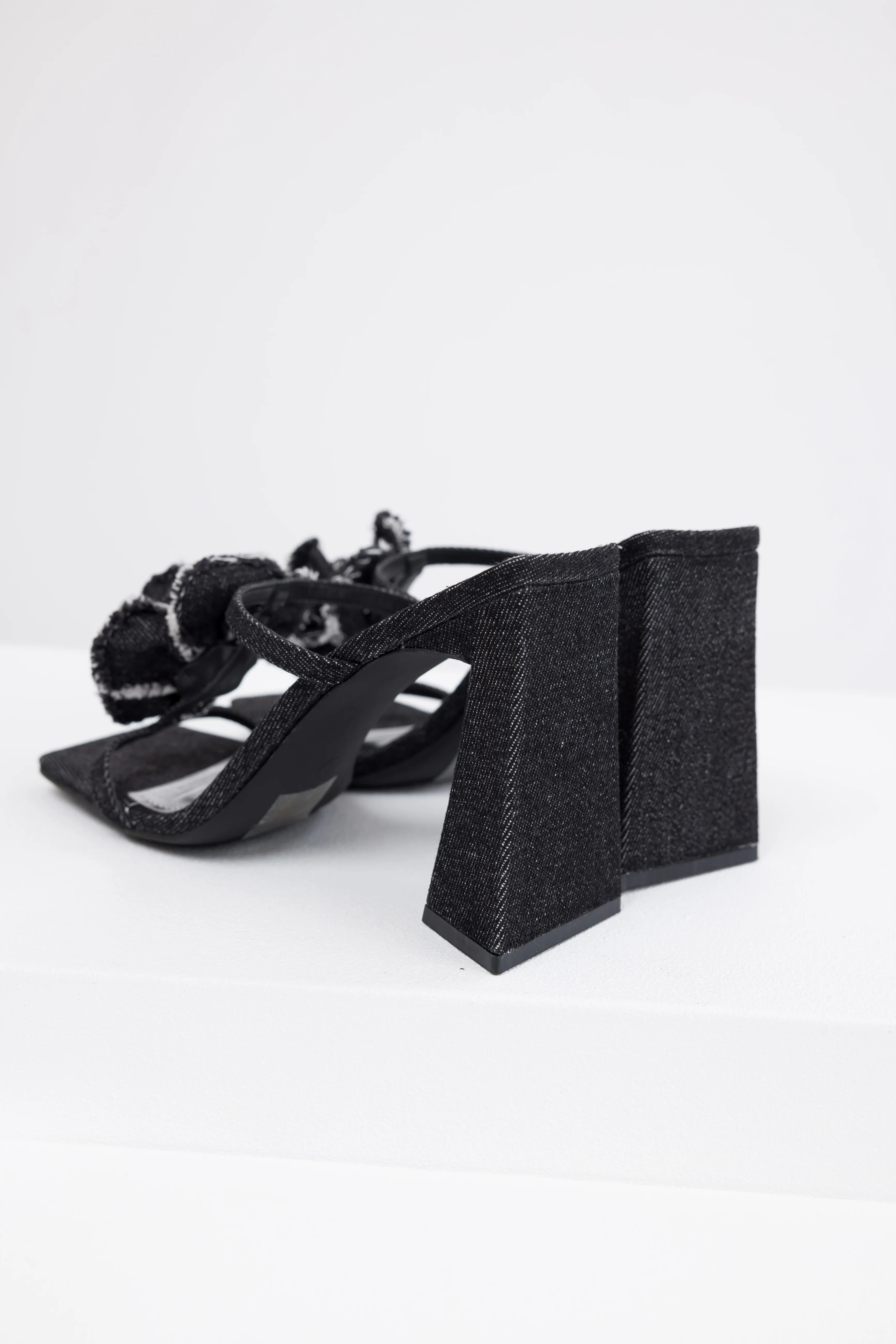 Black Denim Flower Detail Square Toe Heels - LD SALE