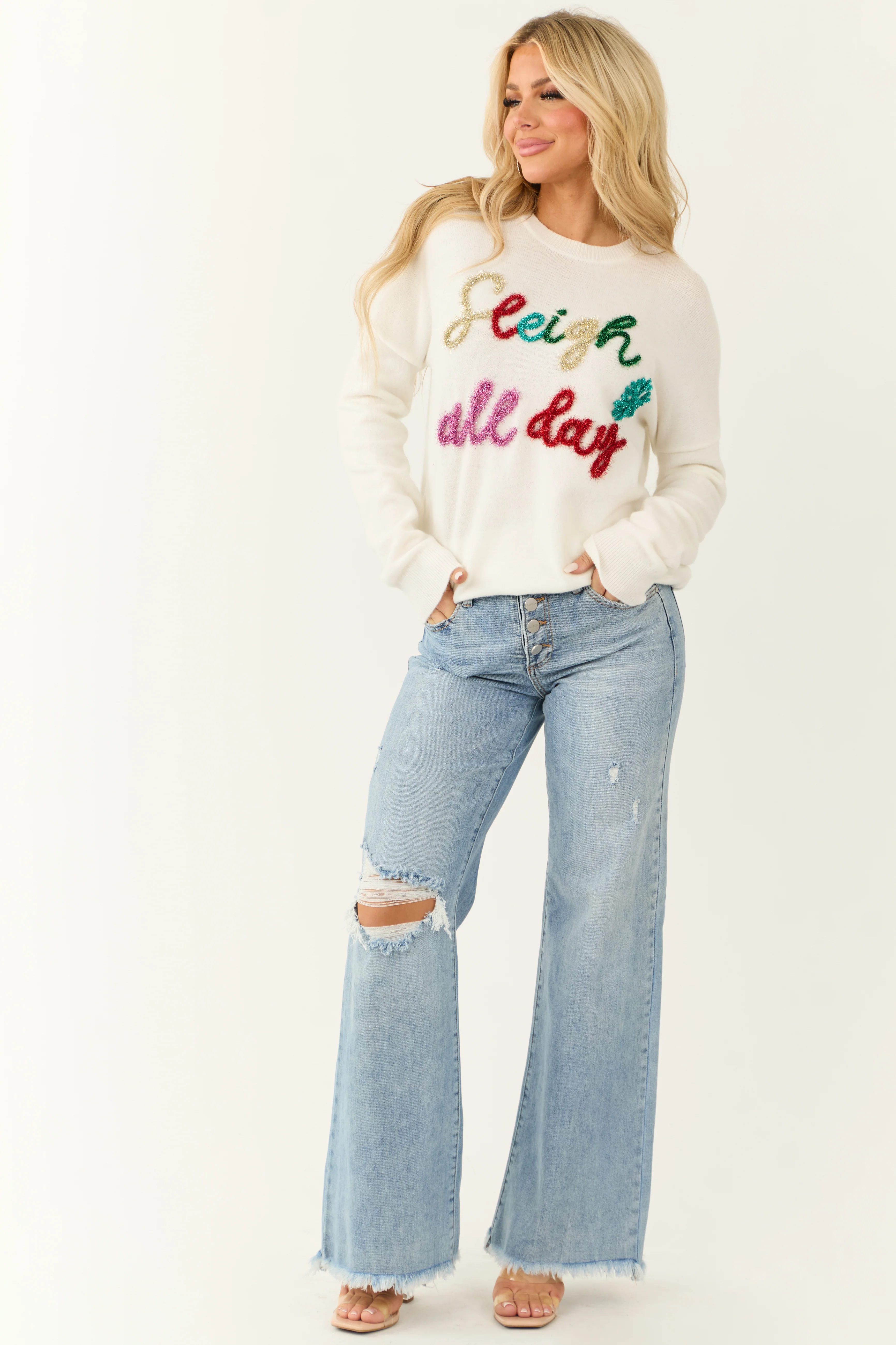 Ivory 'Sleigh All Day' Tinsel Graphic Sweater - LD SALE