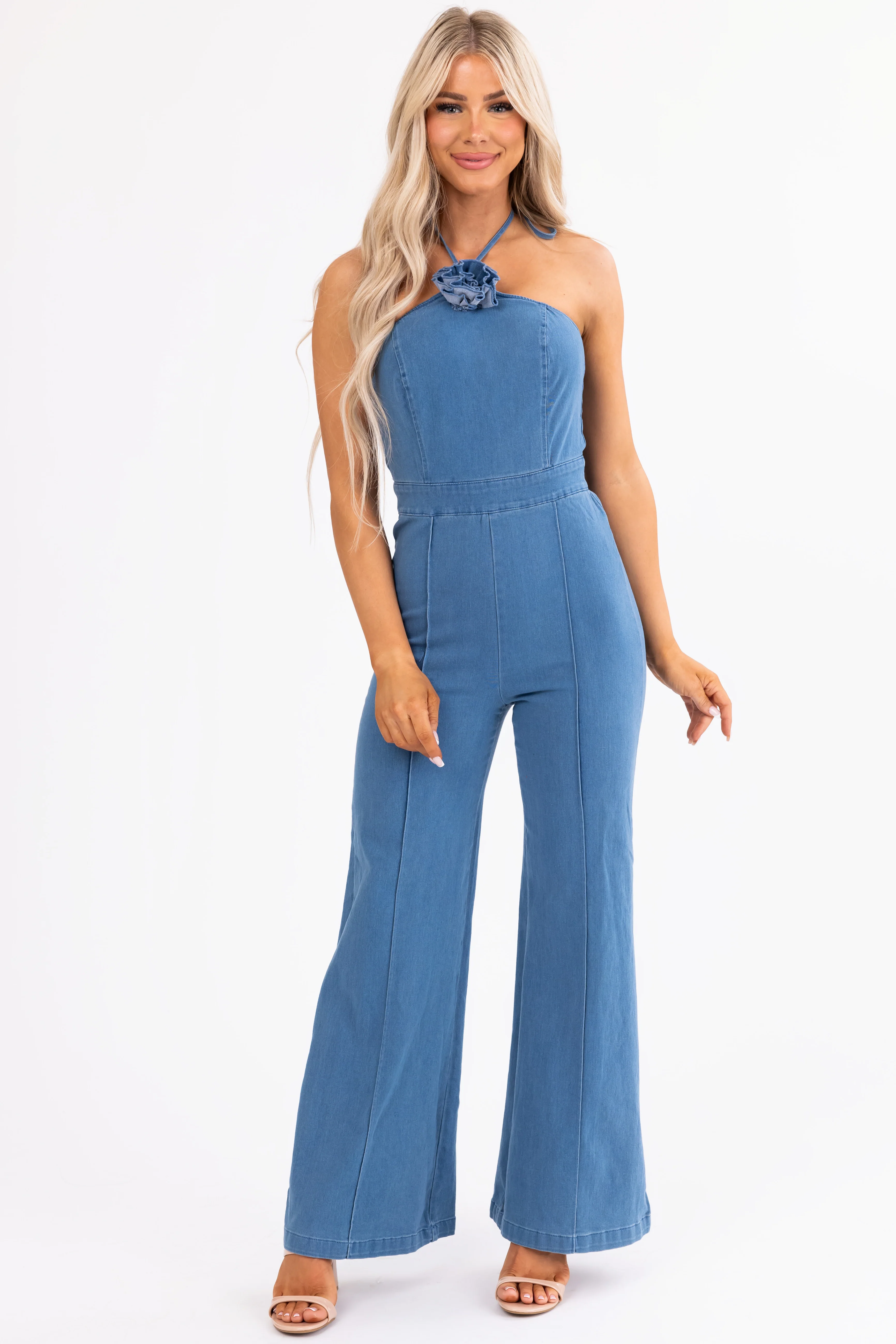 Flying Tomato Medium Wash Halter Neck Jumpsuit - LD SALE