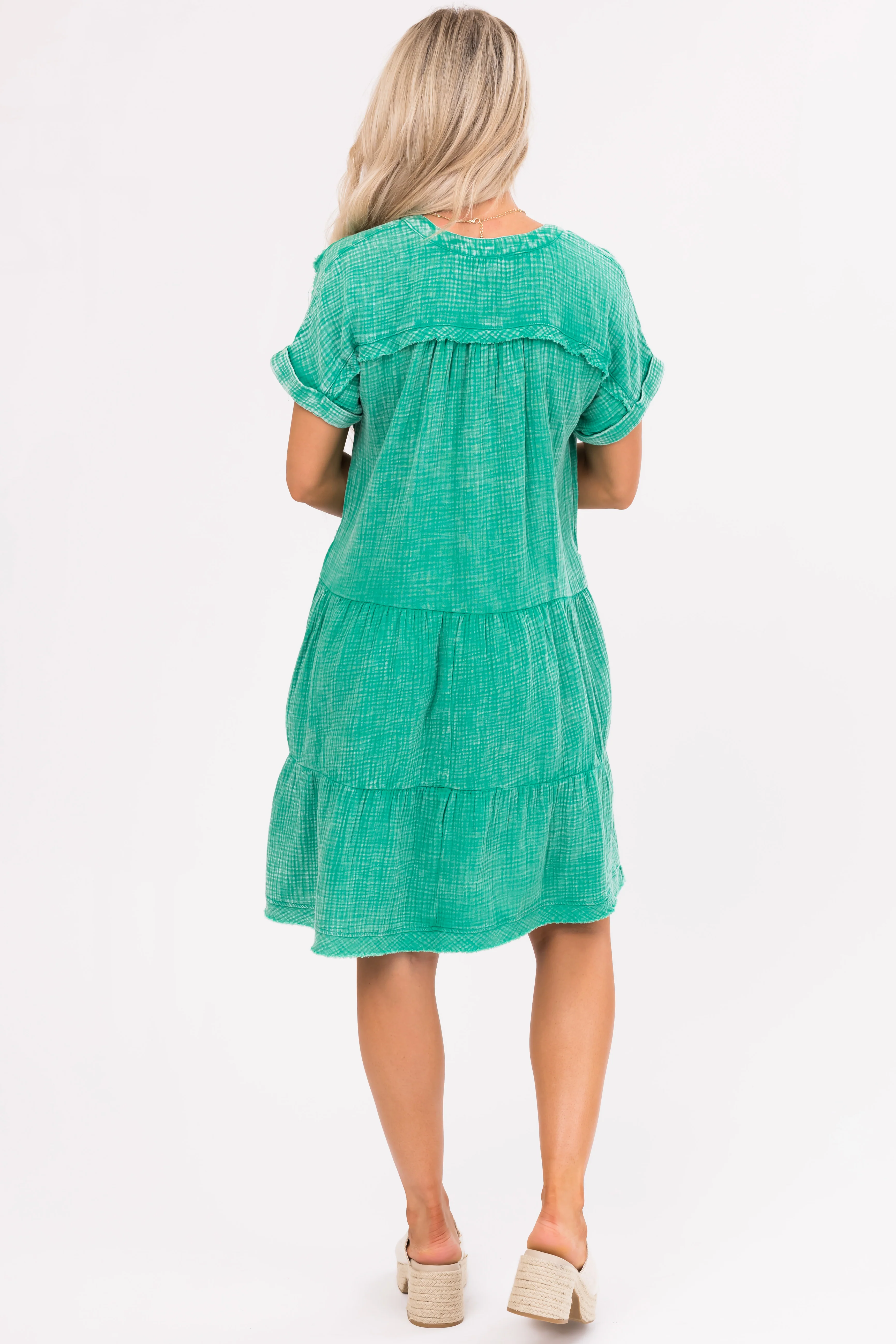 Kelly Green Washed Tiered V Neck Mini Dress - LD SALE