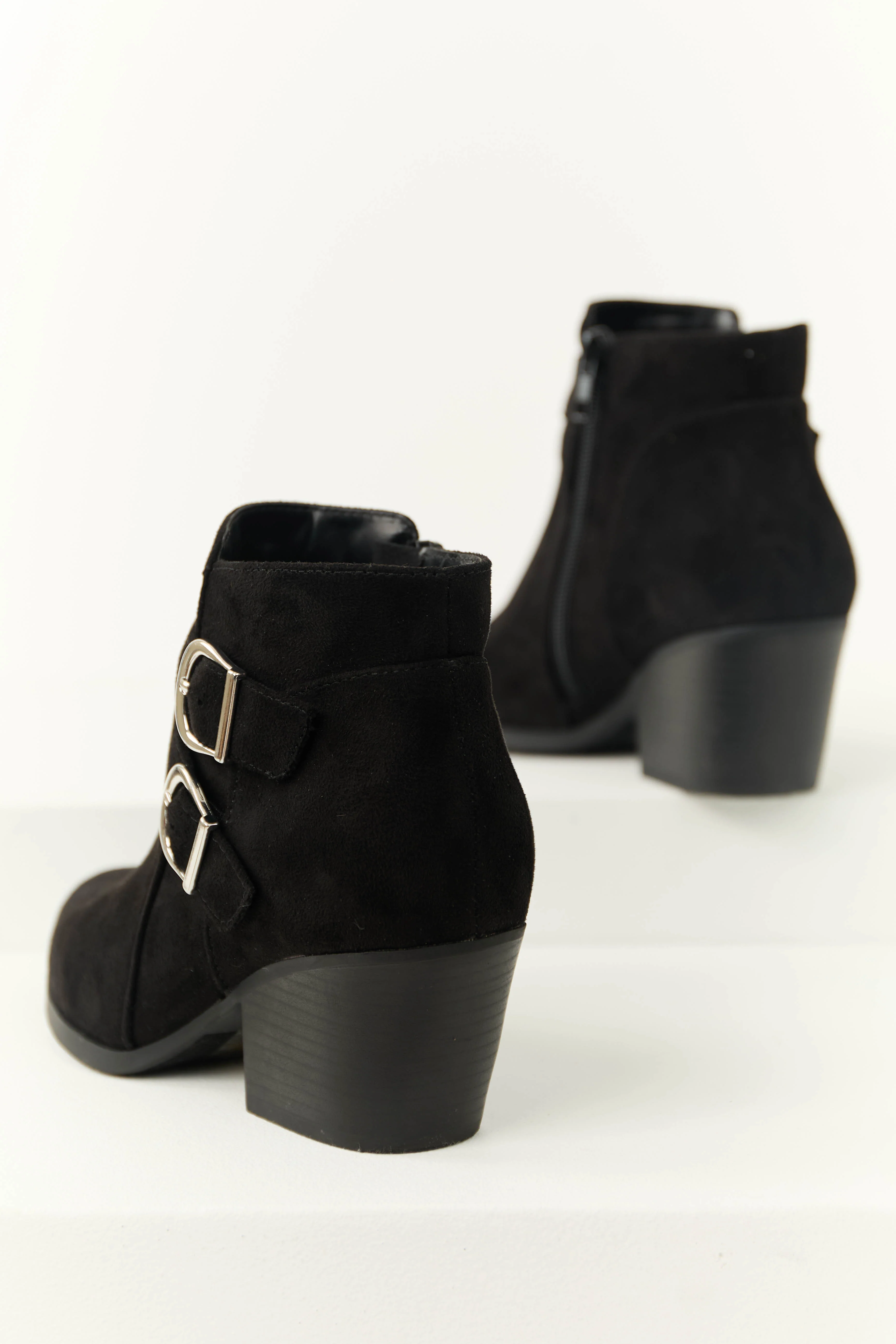 Black Double Buckle Strap Ankle Booties - LD SALE