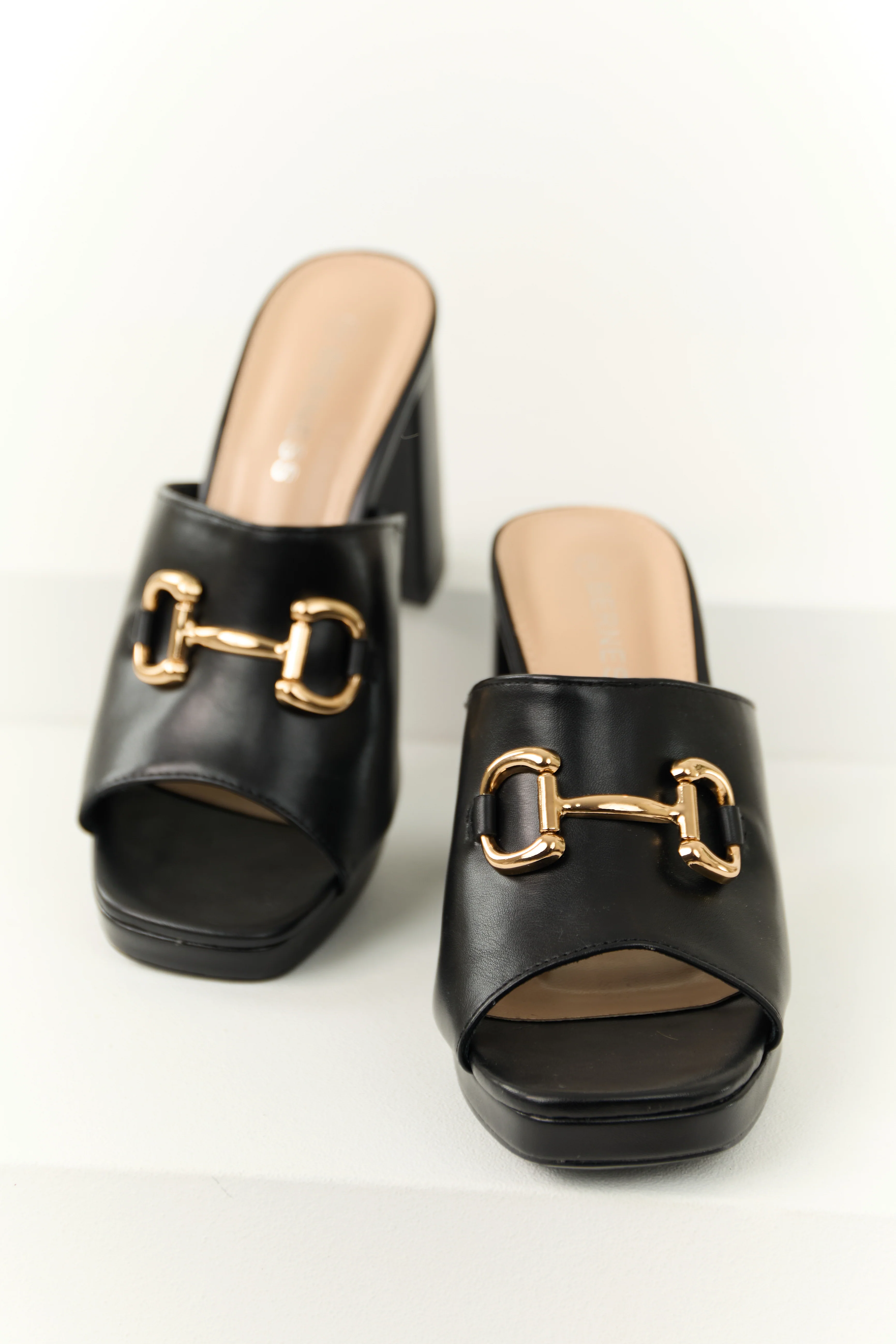 Black Slip On Gold Buckle Strap Block Heels - LD SALE