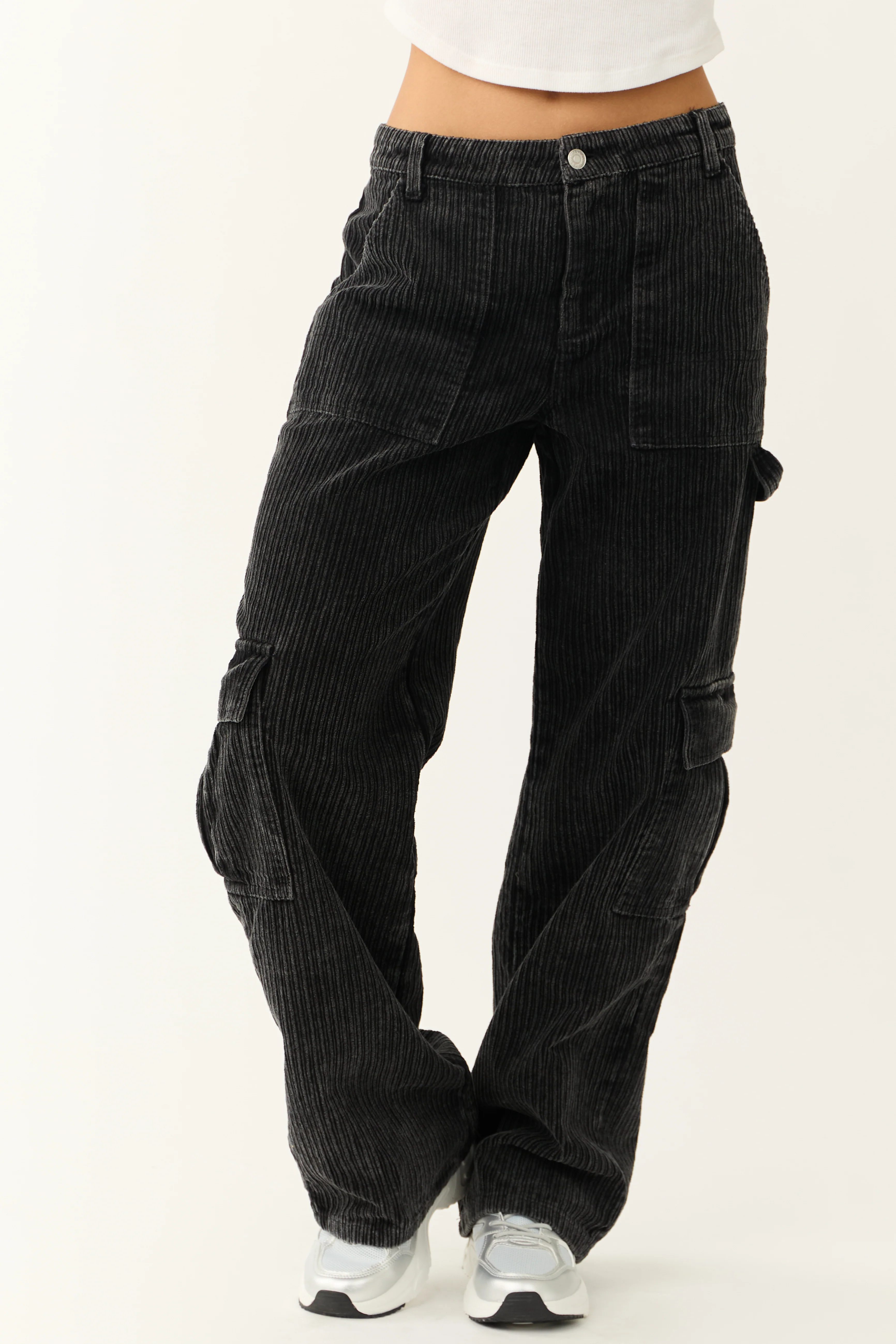 Charcoal Corduroy Wide Leg Cargo Pants - LD SALE