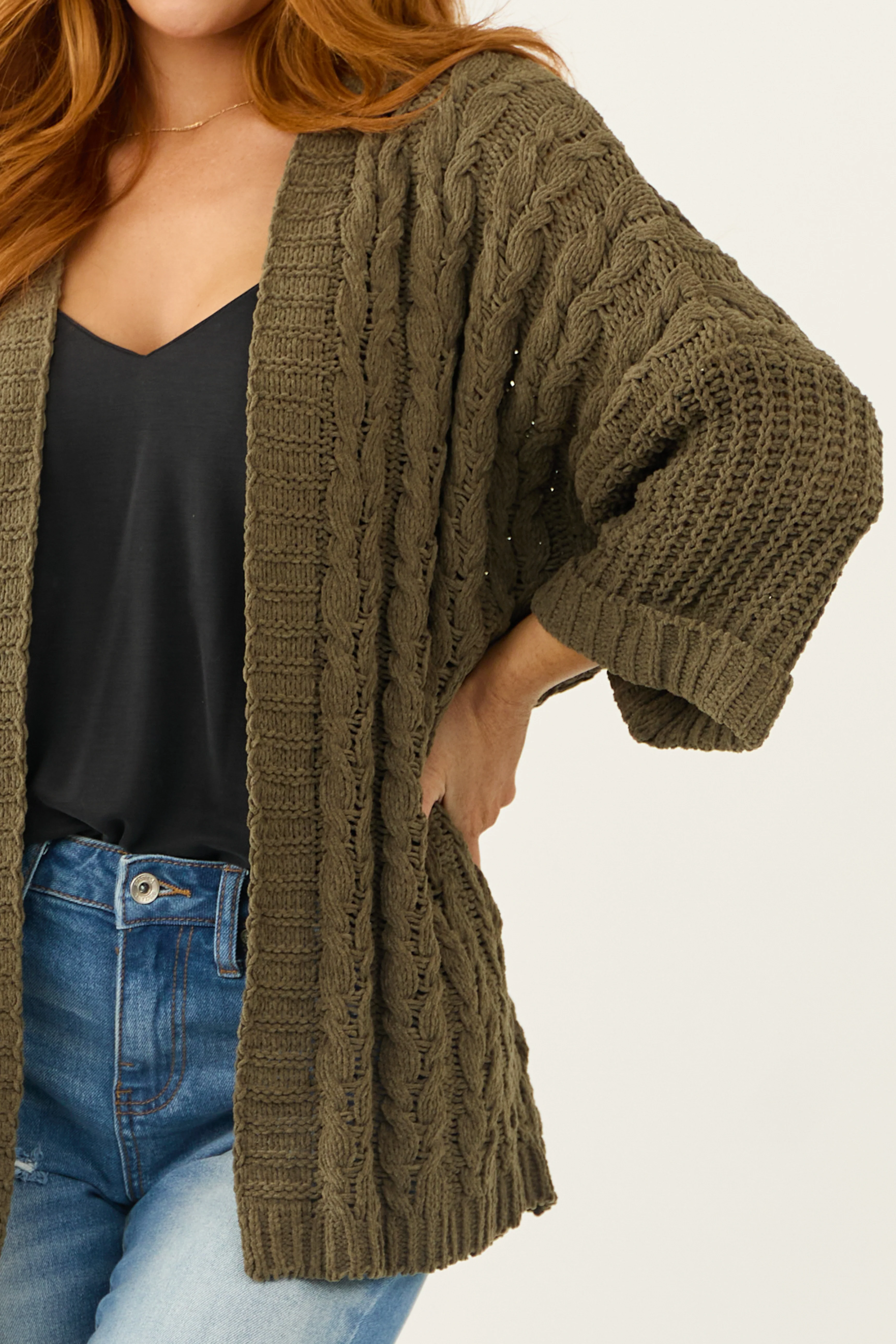Army Green Cable Knit 3/4 Sleeve Cardigan - LD SALE