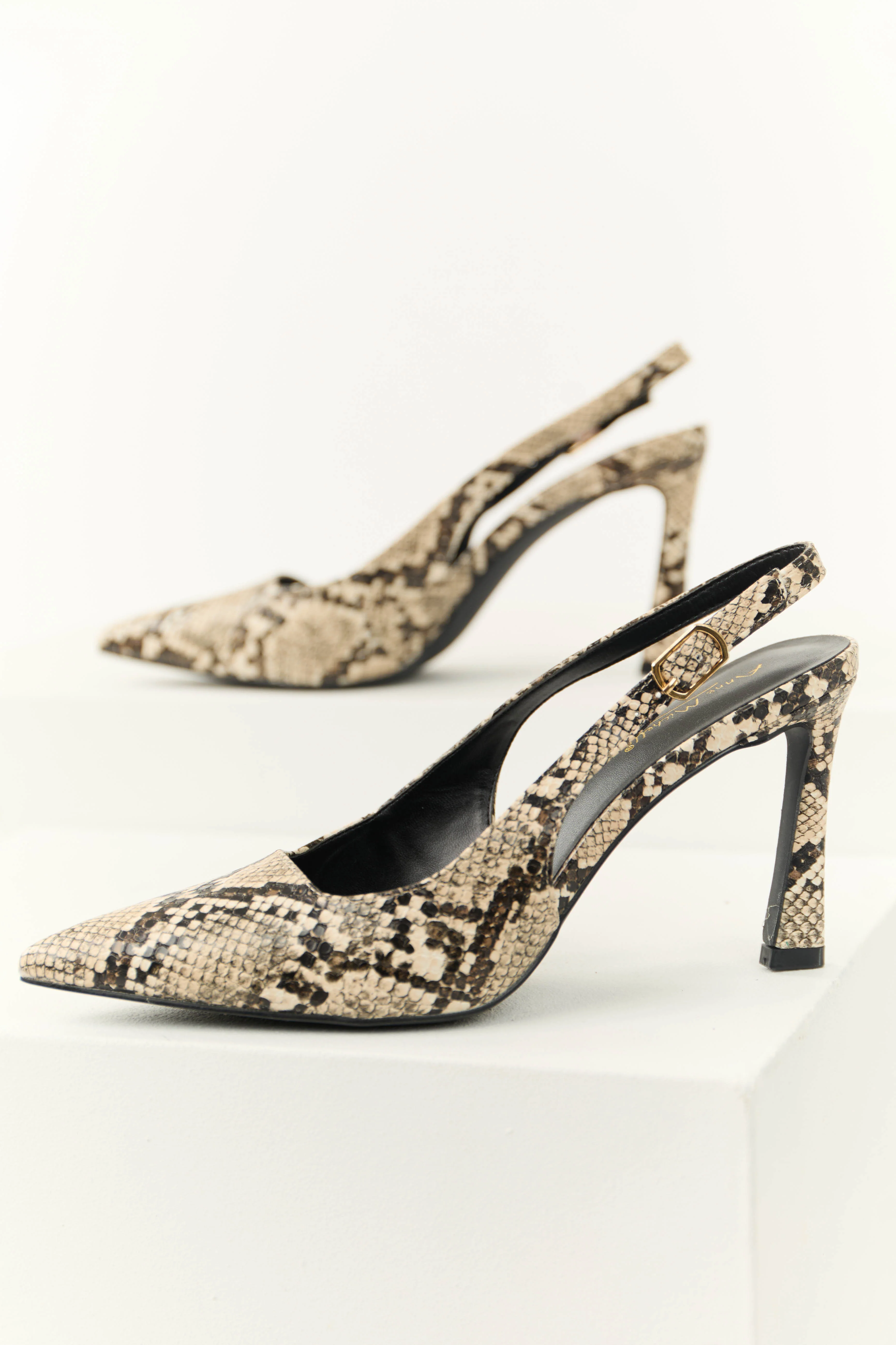 Cream Snake Print Pointed Toe Slingback Heels - LD SALE