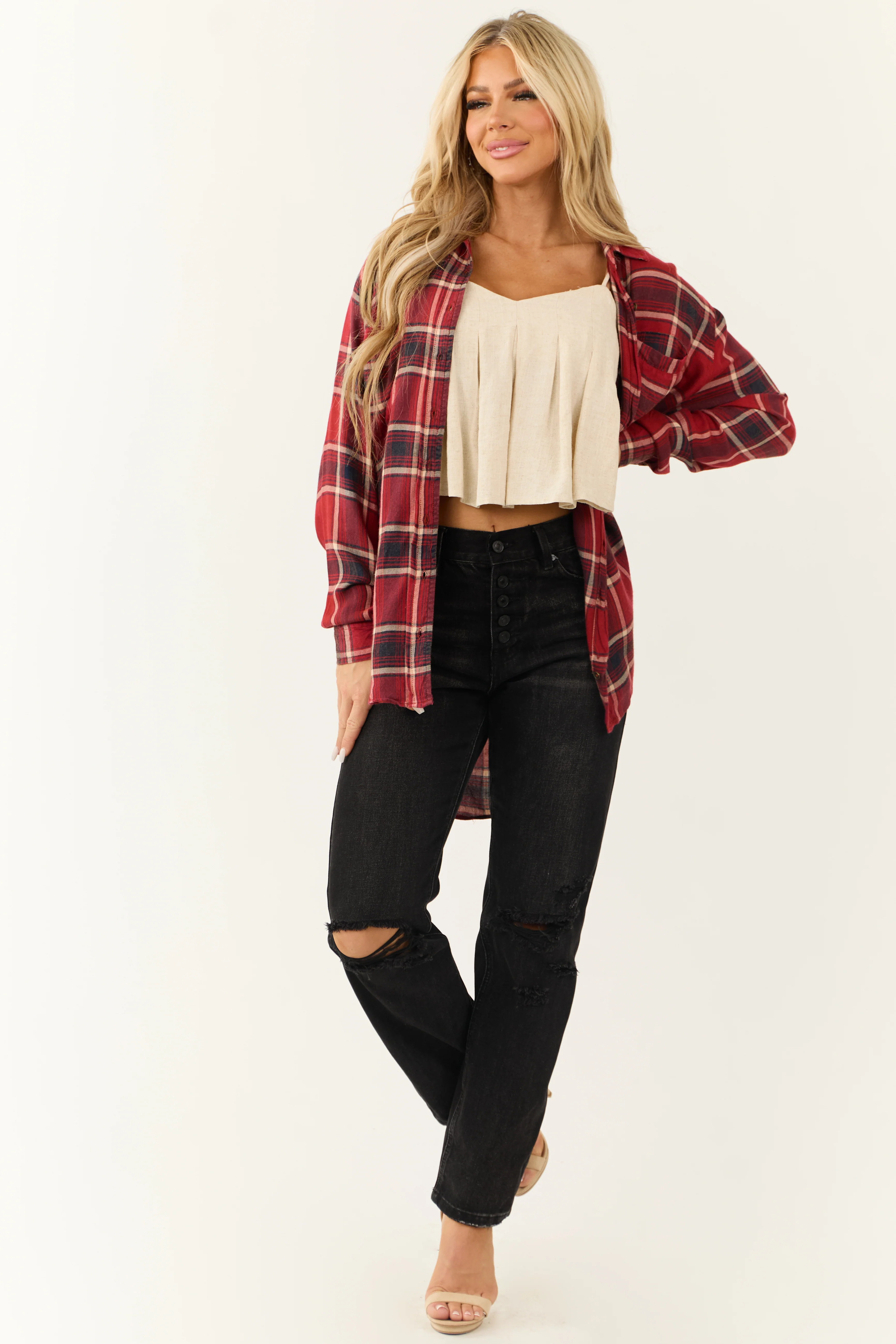 Ruby Plaid Button Down Collared Oversized Top - LD SALE