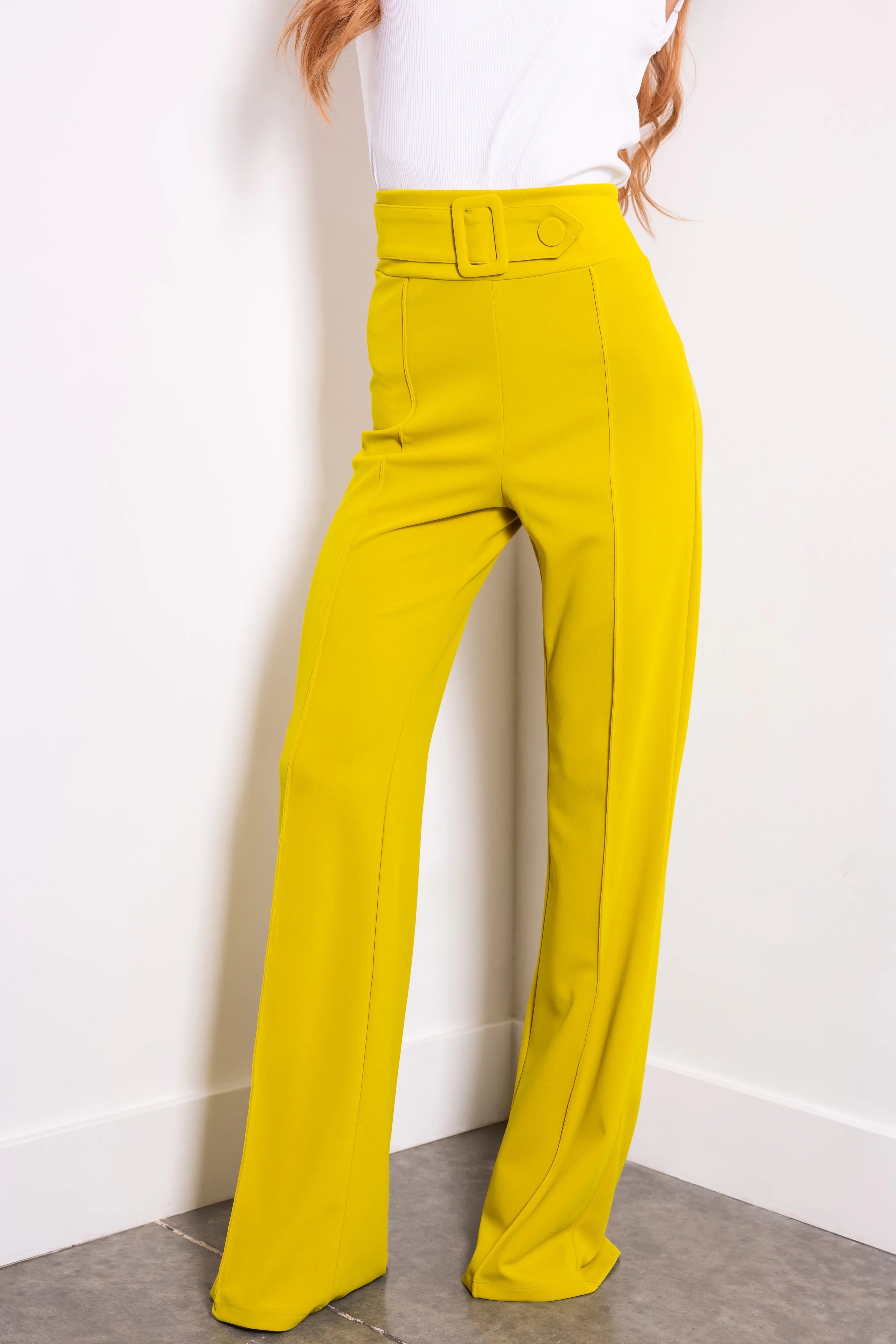 Lime Belted High Waist Pleated Pants - LD SALE