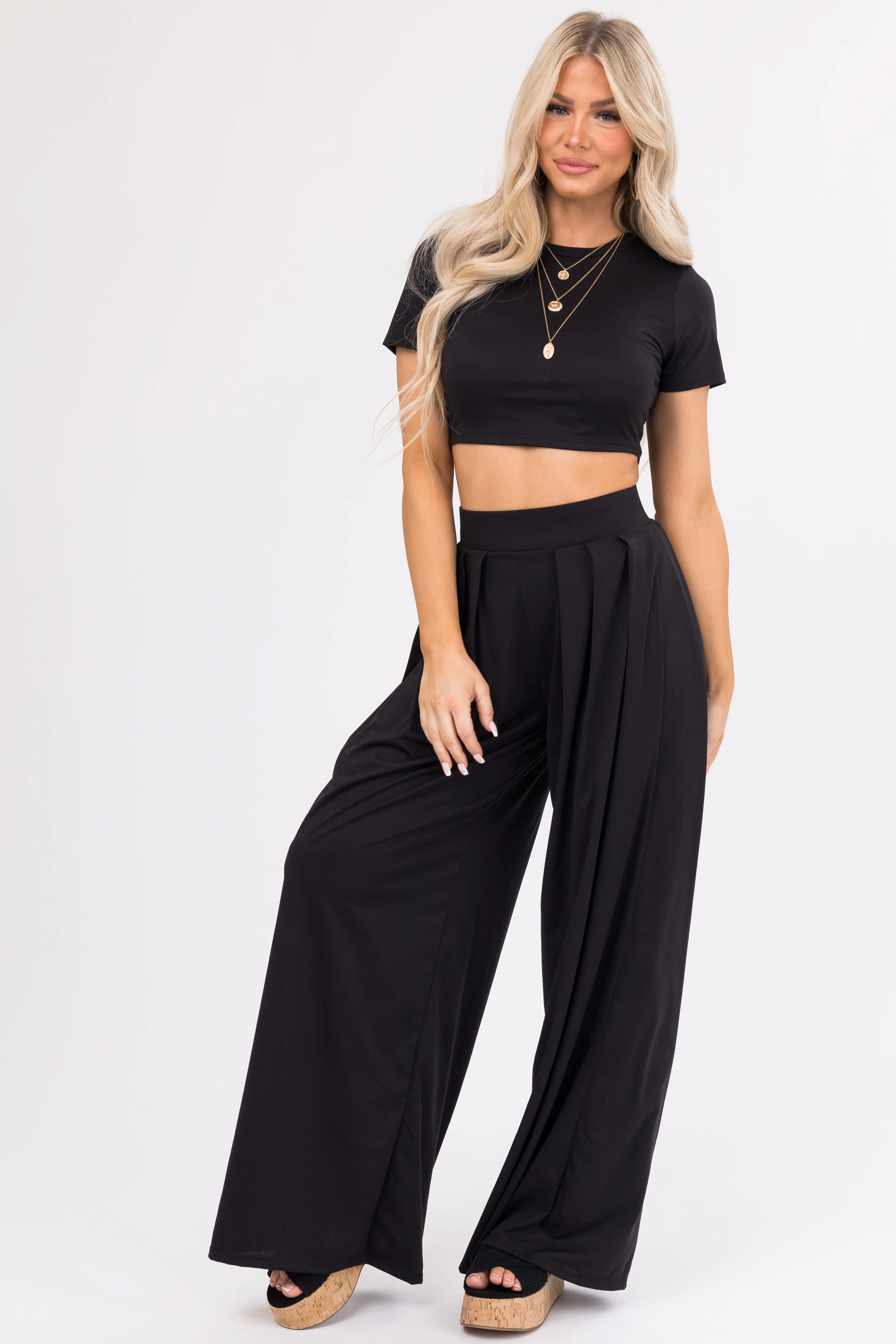 Black Wide Leg Pants with Crop Top Set - LD SALE