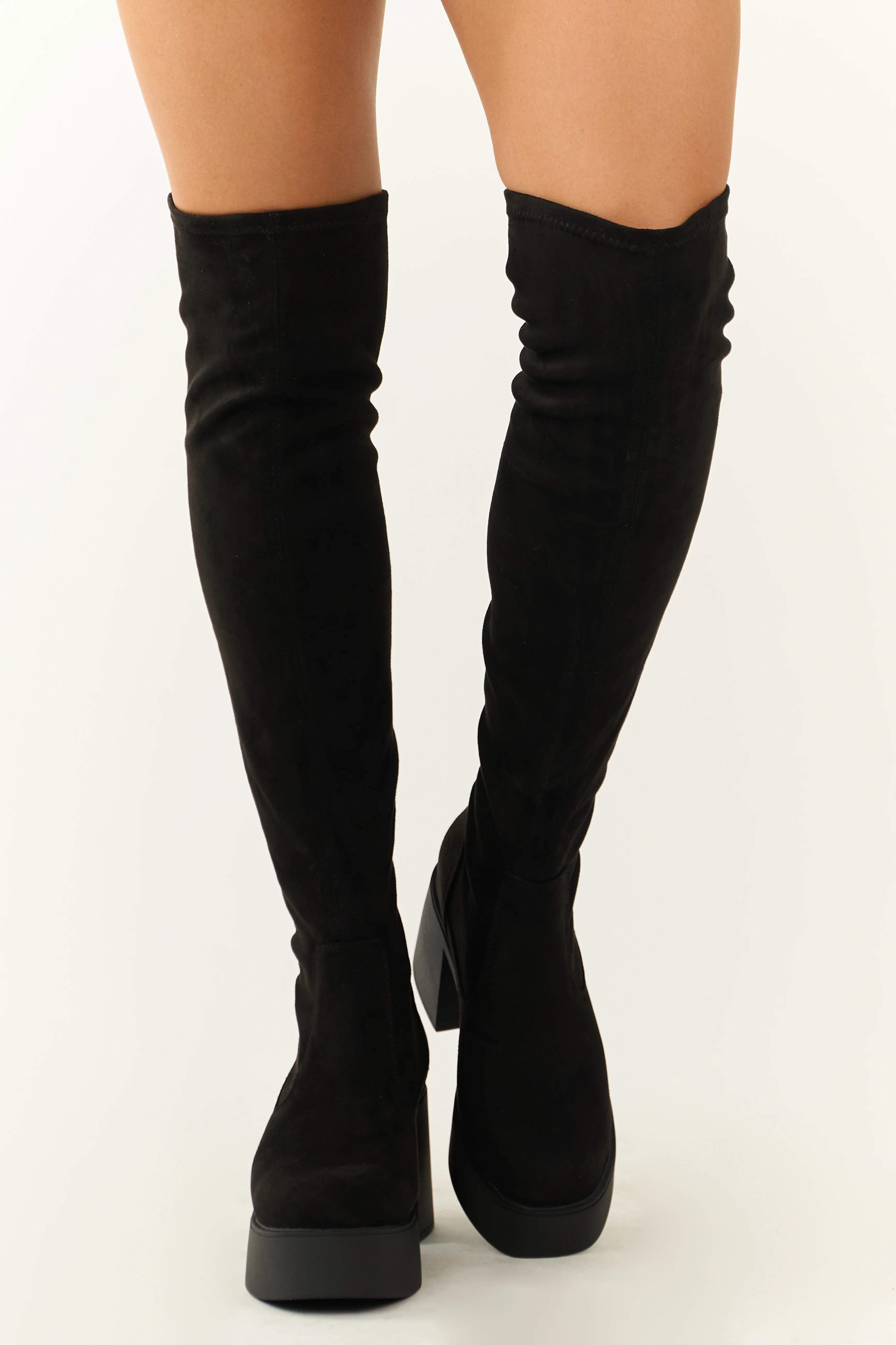 Black Chunky Heel Faux Suede Knee High Boots - LD SALE