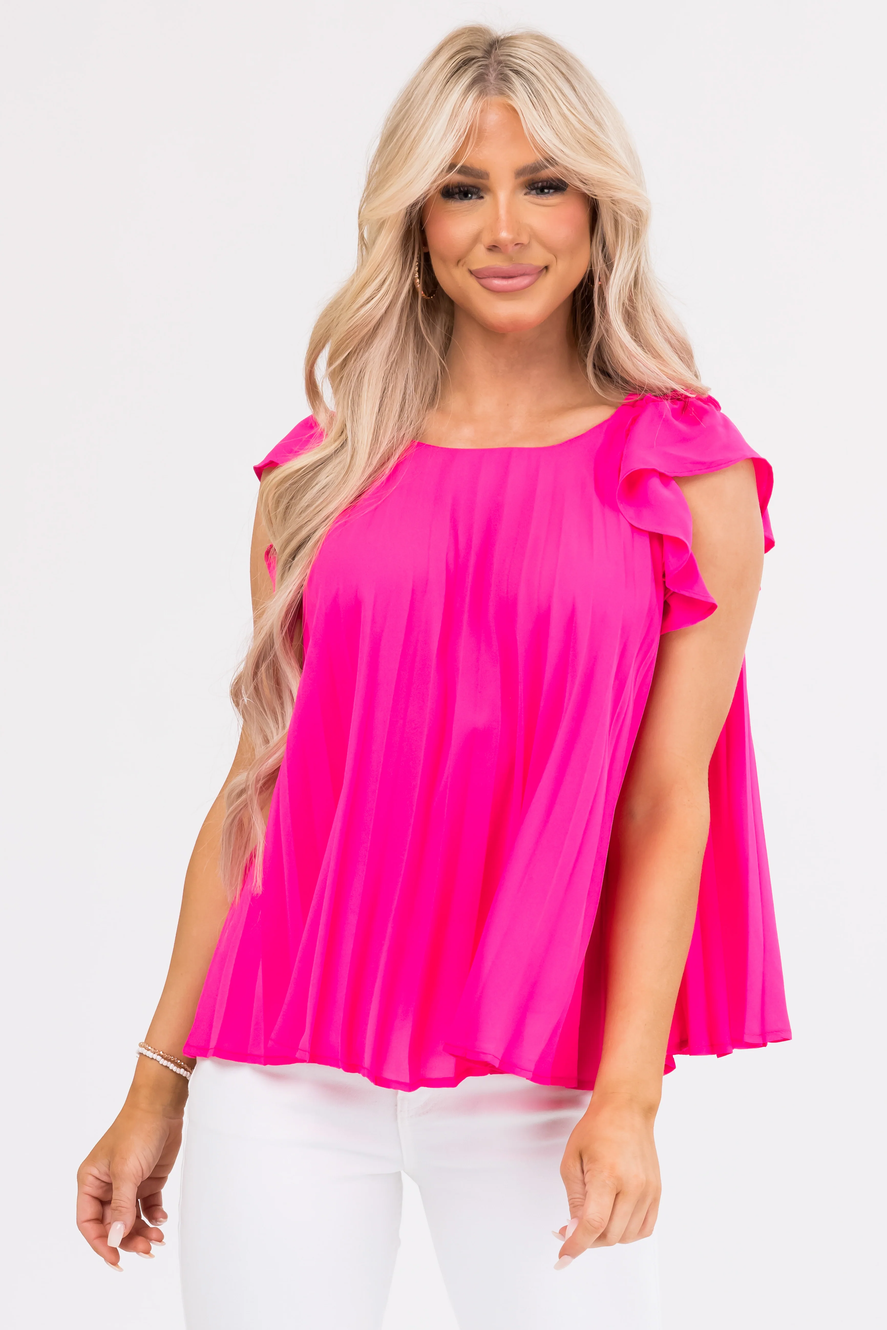 Hot Pink Pleated Ruffle Short Sleeve Woven Top - LD SALE