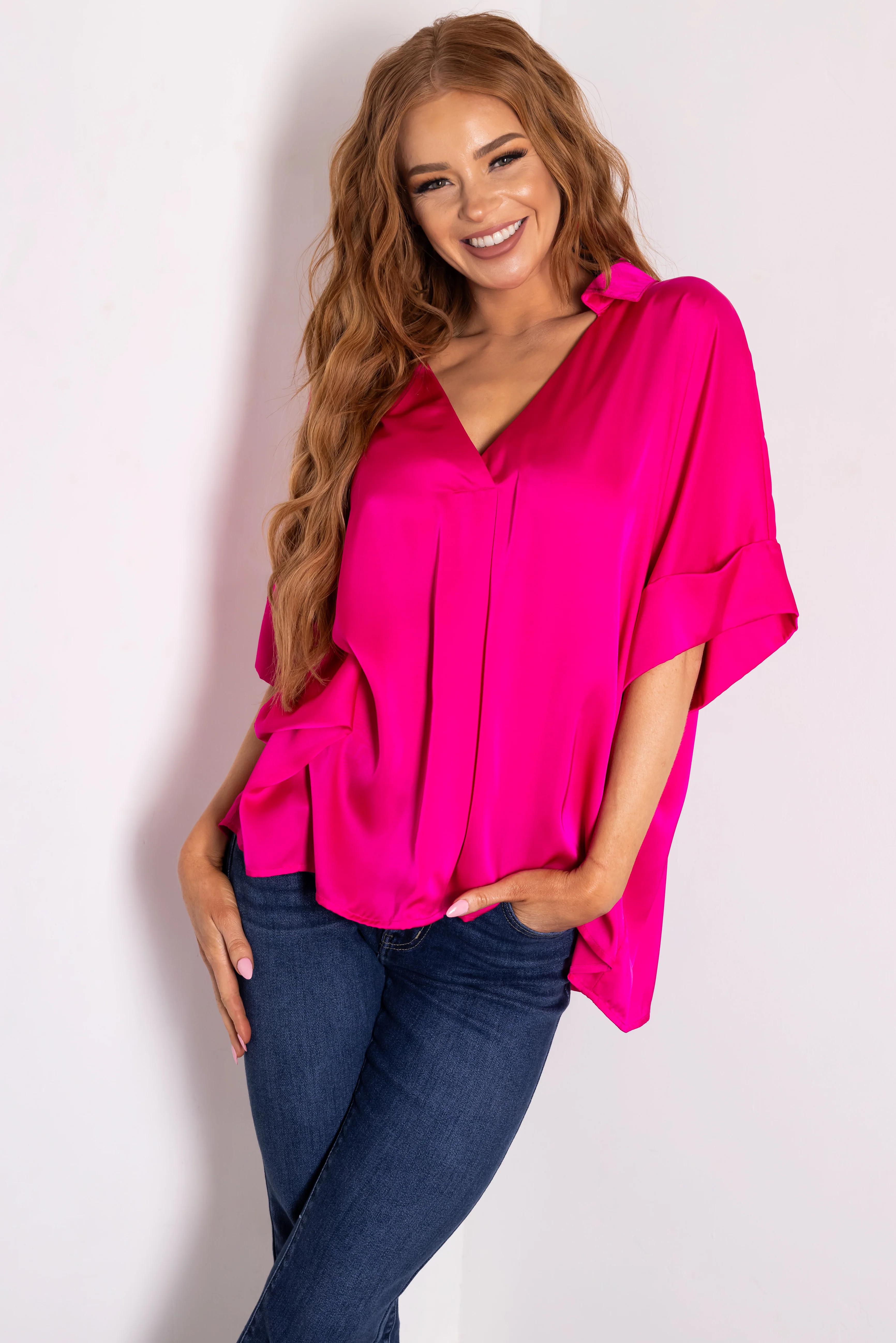 Hot Pink V Neck Collared Satin Blouse - LD SALE