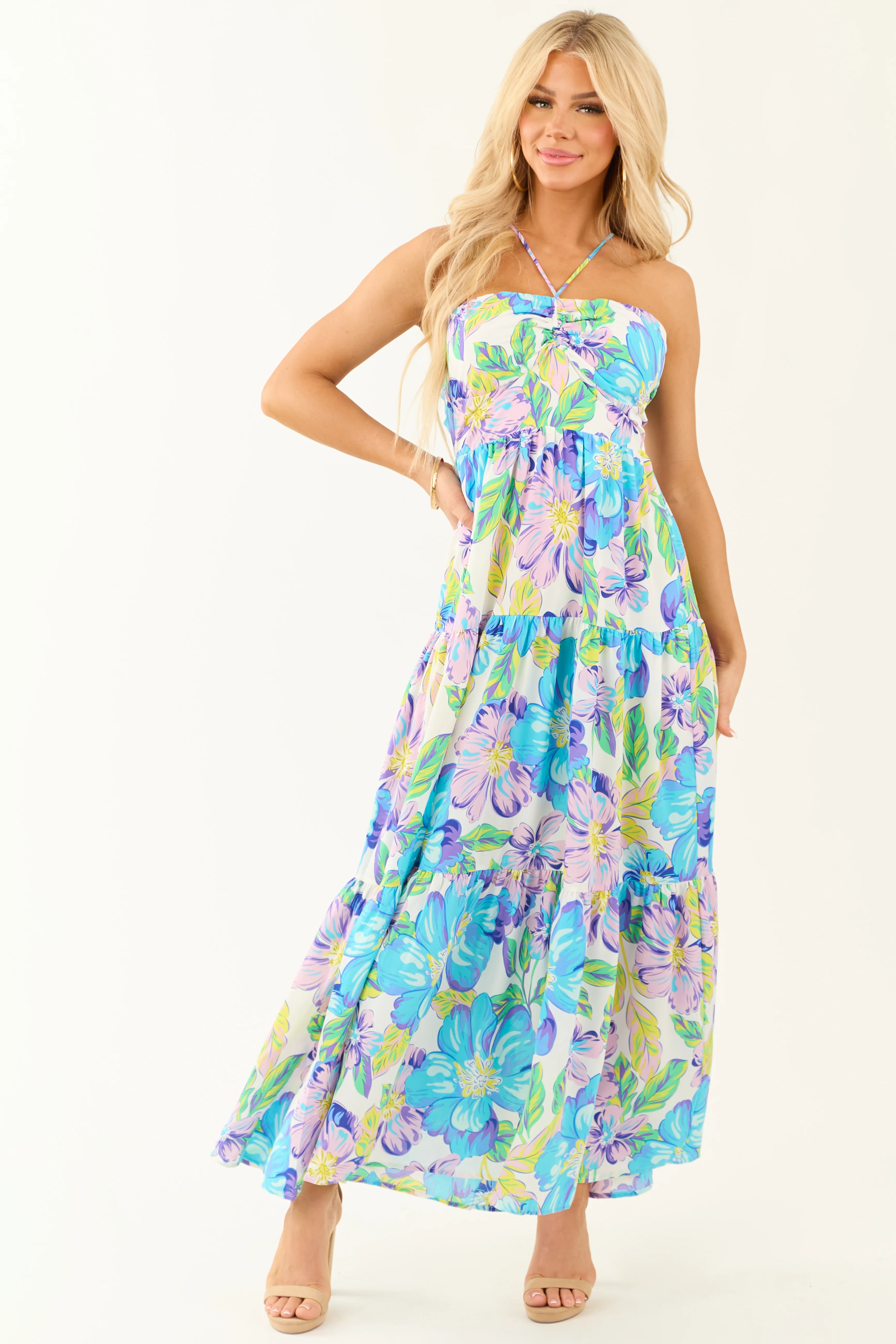 Baby Blue Floral Print Halter Neck Maxi Dress - LD SALE
