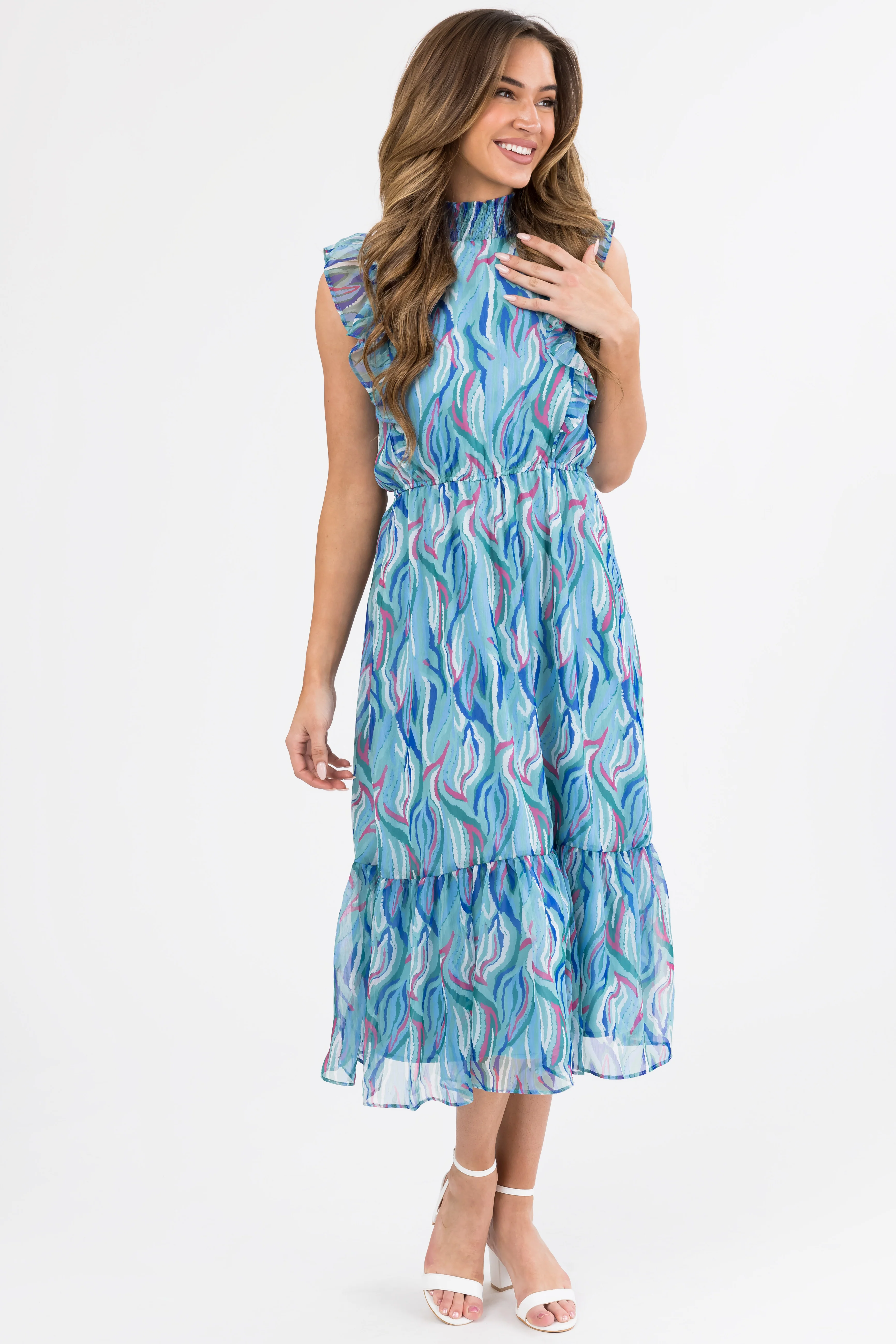 Seafoam Abstract Print Ruffled Midi Dress - LD SALE