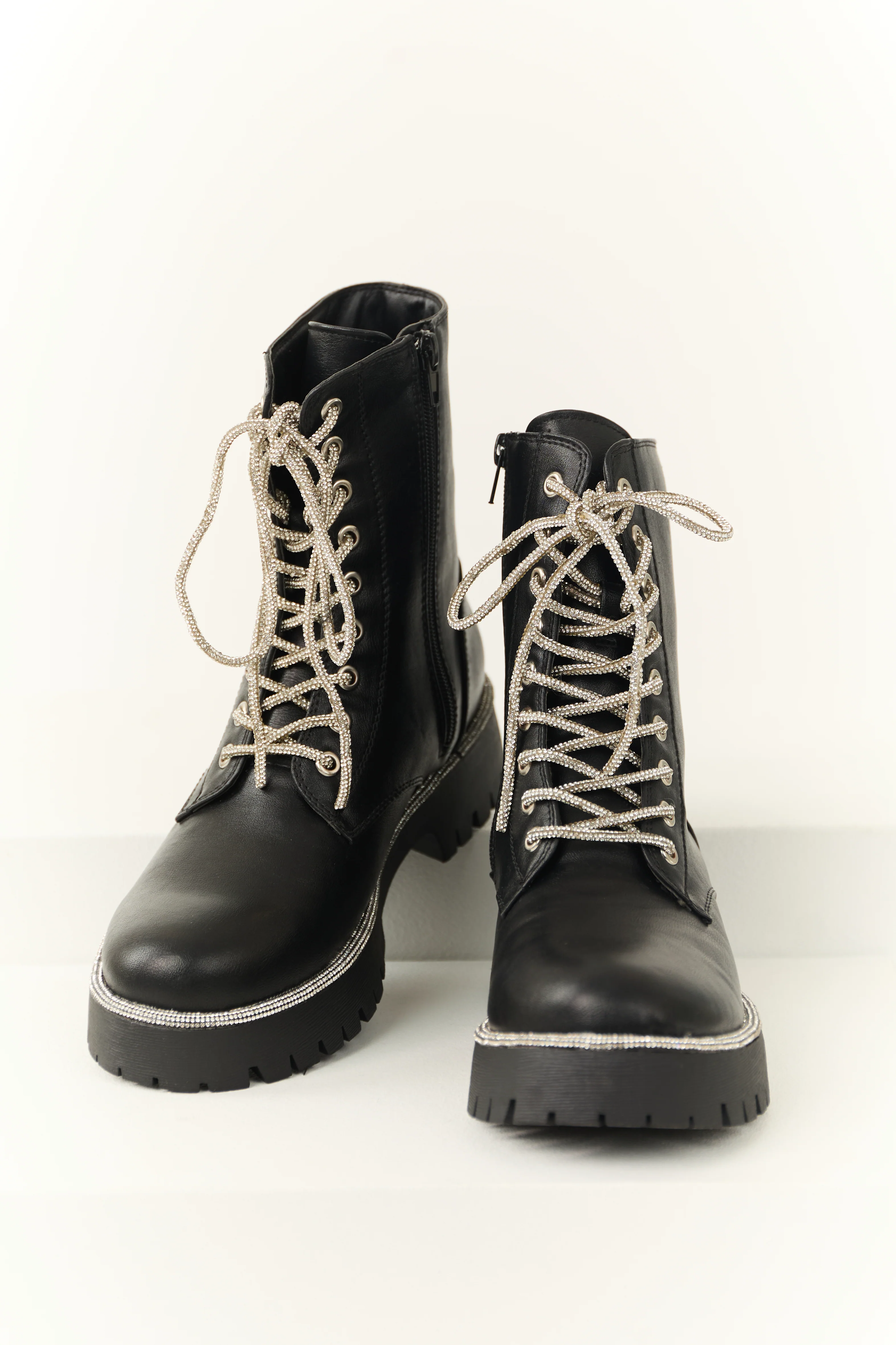 Black Rhinestone Detail Platform Combat Boots - LD SALE