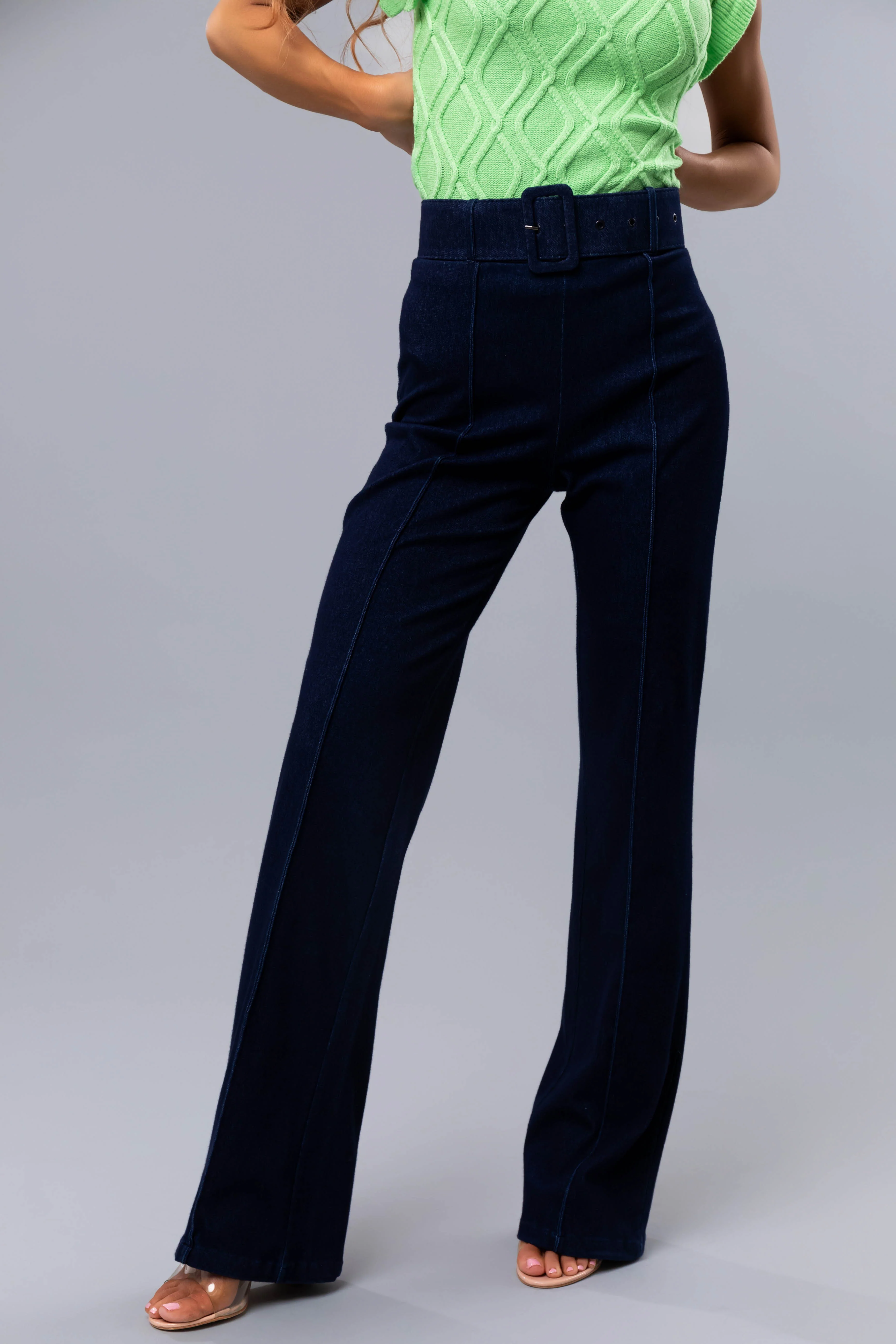 Dark Wash High Waist Belted Bootcut Jeans - LD SALE