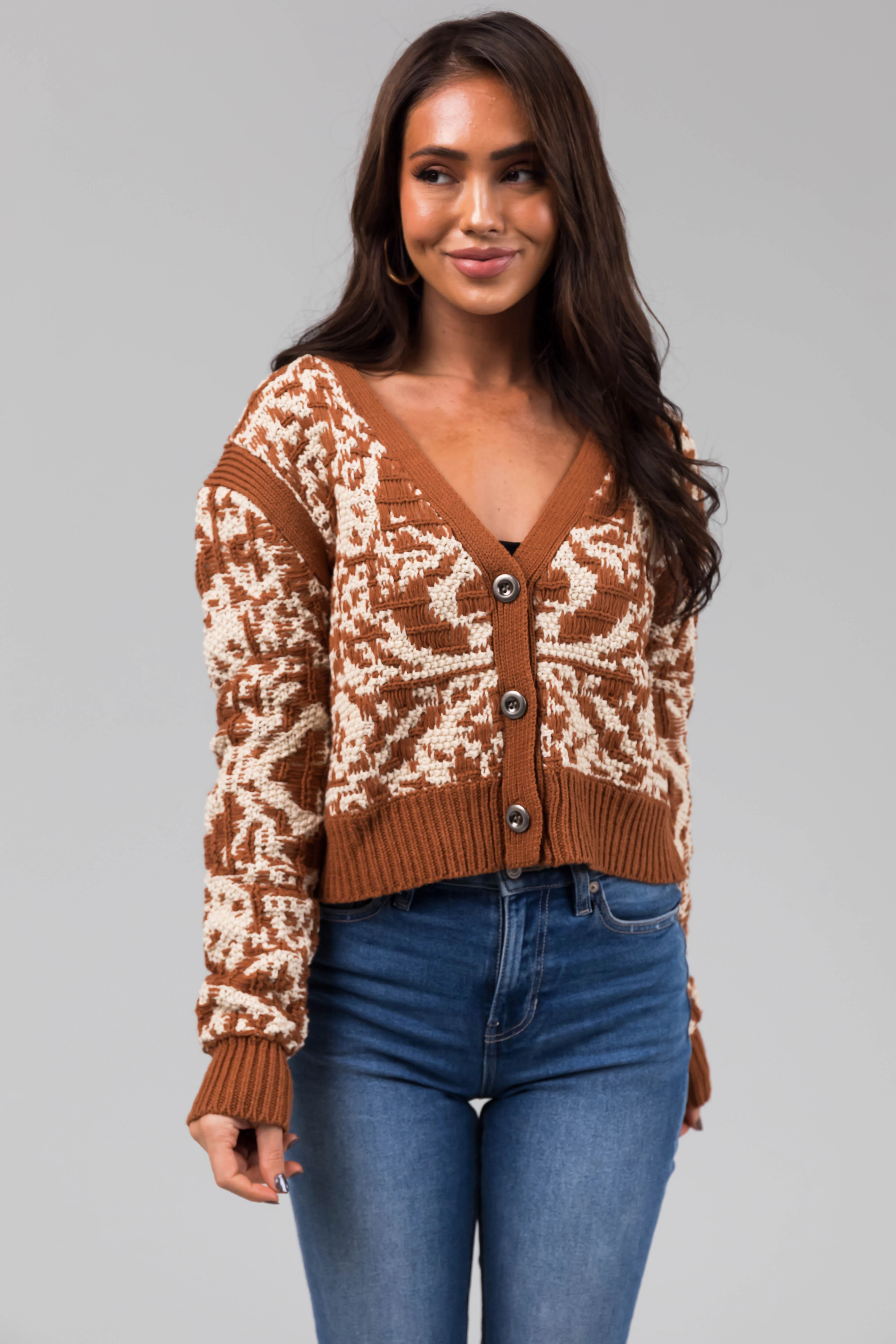 Cognac Two Tone Slightly Cropped Button Cardigan - LD SALE