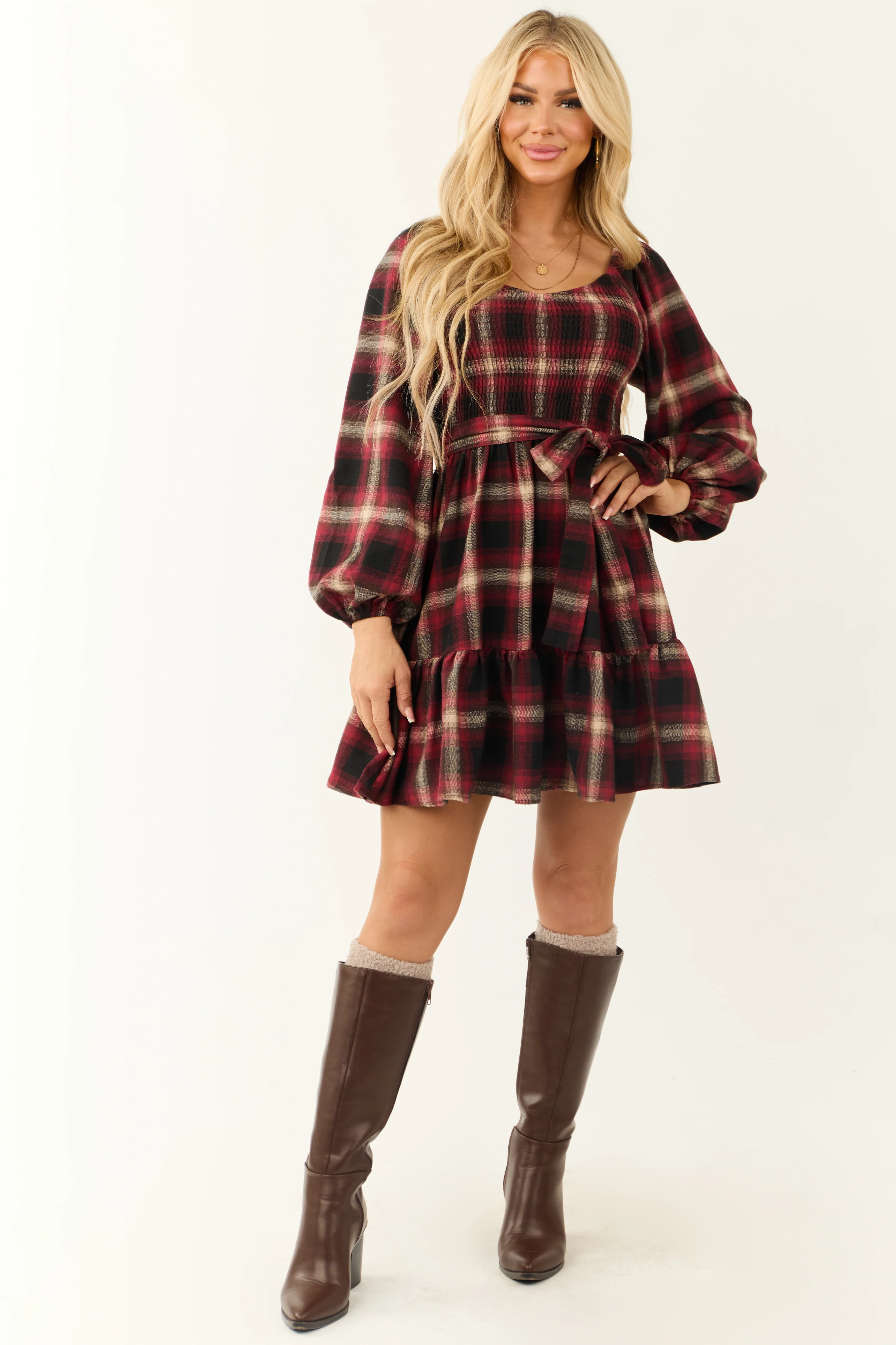 Flying Tomato Ruby Plaid Smocked Bodice Short Dress - LD SALE