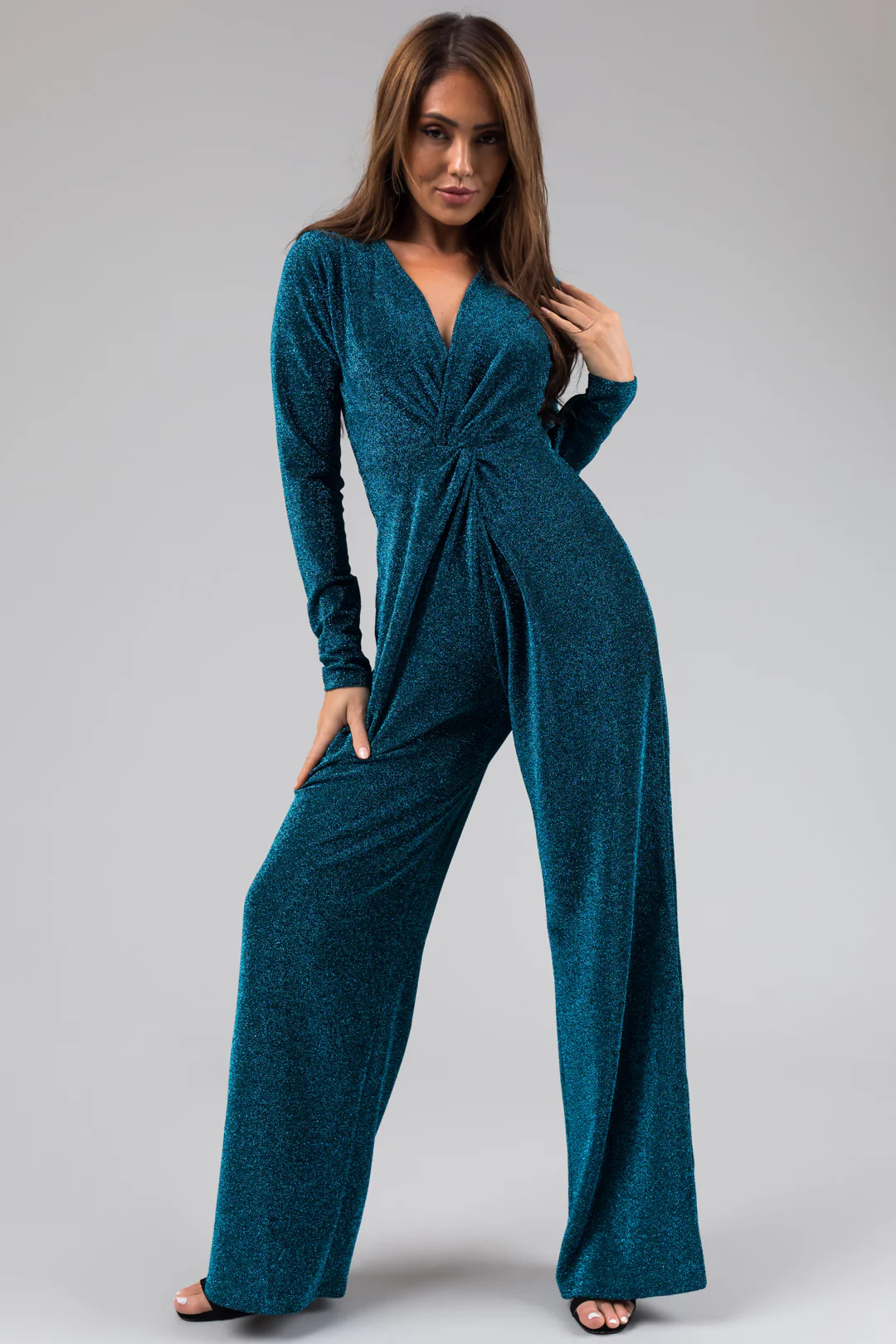Sea Blue Metallic Long Sleeve V Neck Jumpsuit - LD SALE