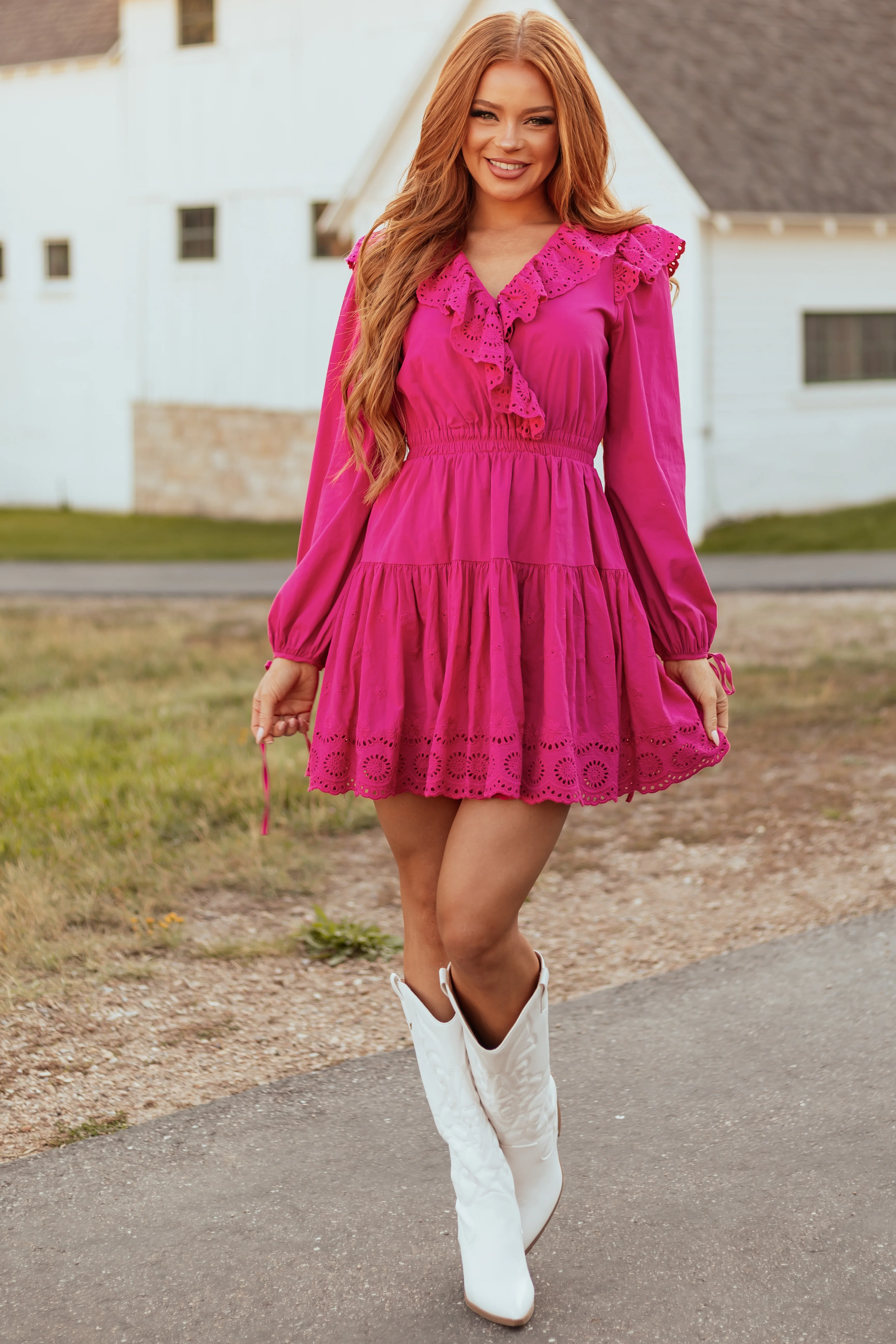Fuchsia Long Sleeve Eyelet Detail Mini Dress - LD SALE