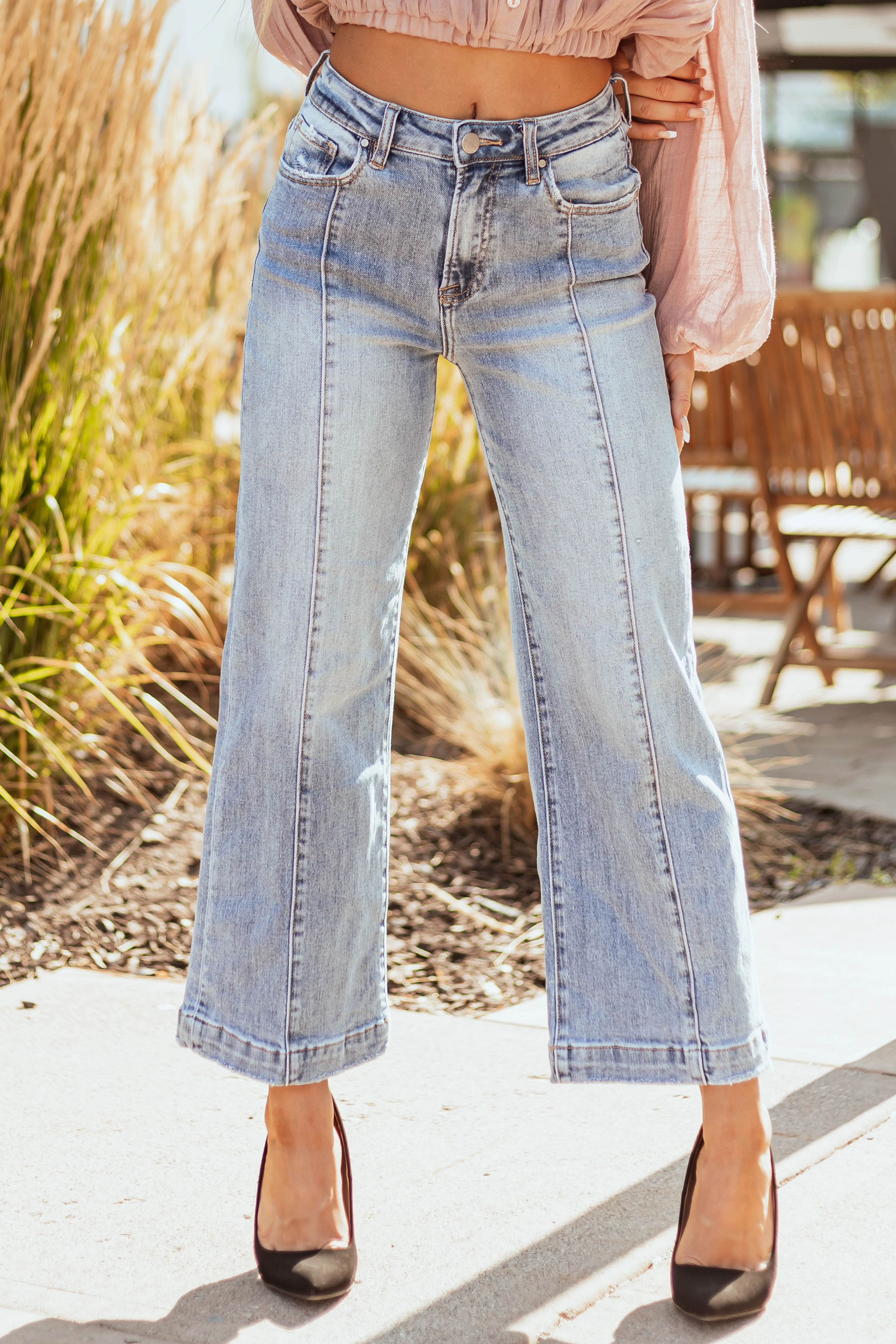 Risen Light Wash High Rise Cropped Wide Leg Jeans - LD SALE