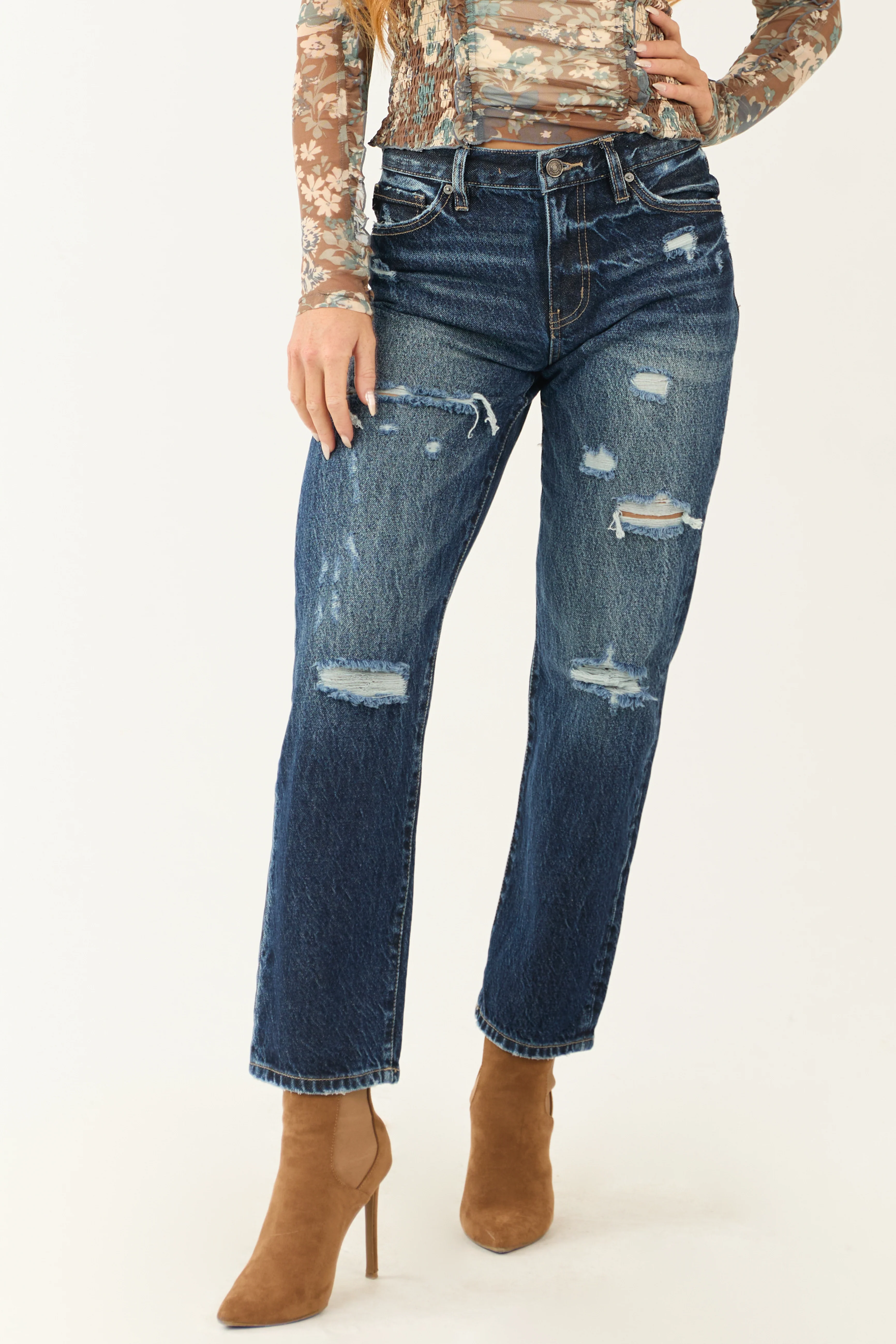 Kancan Dark Wash Denim Distressed Ankle Jeans - LD SALE