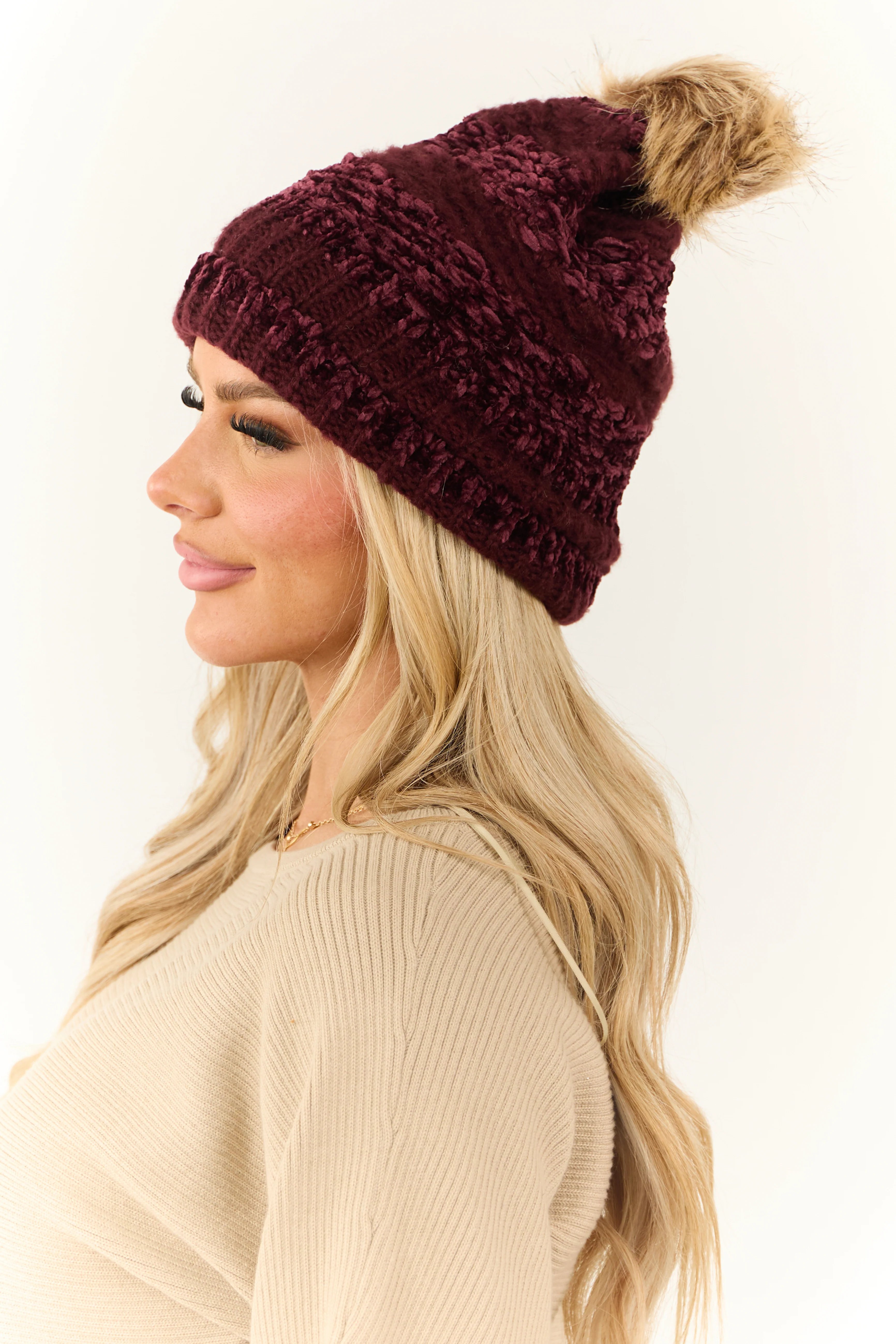Wine Striped Chenille Knit Pom Pom Beanie - LD SALE
