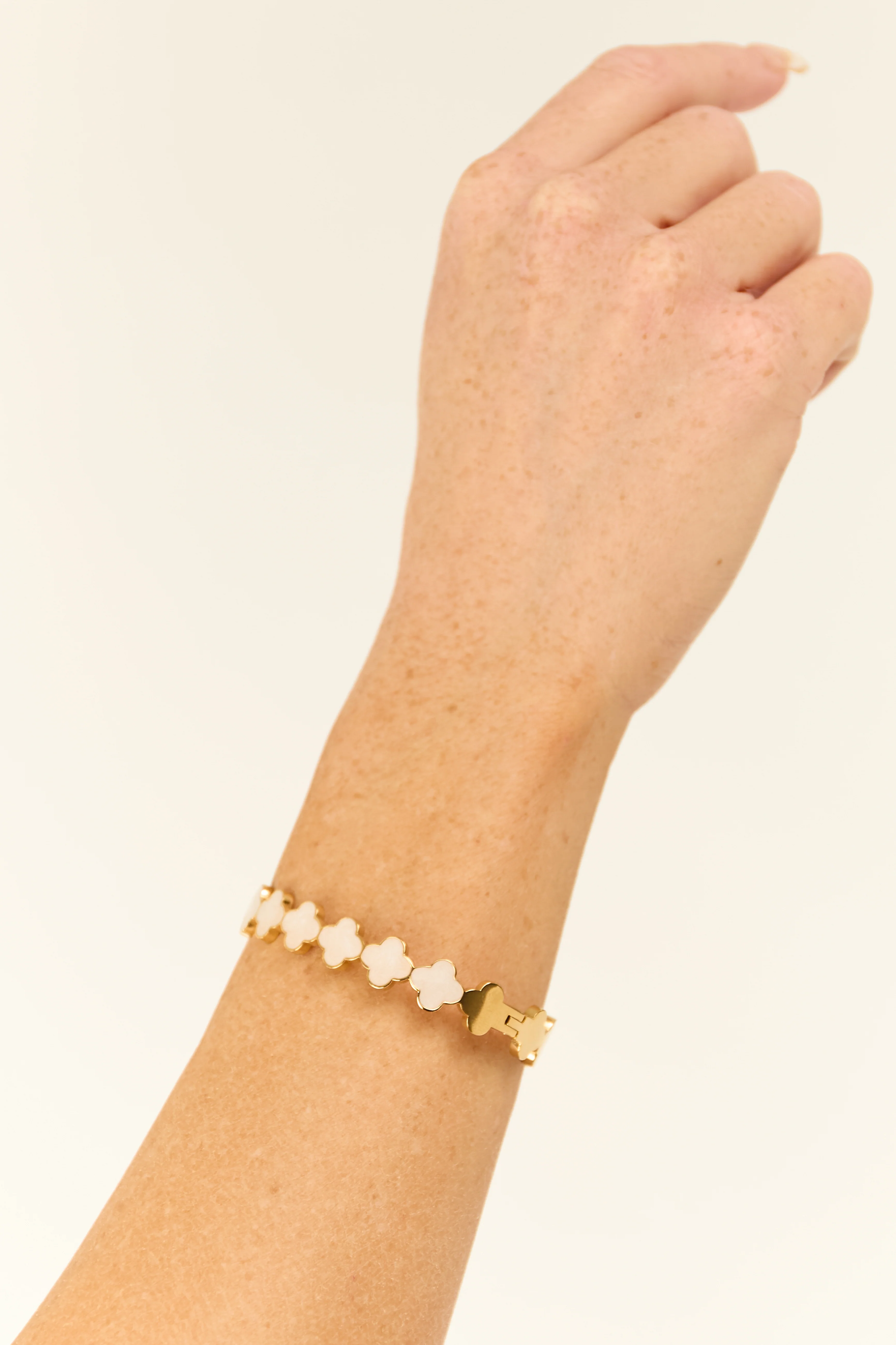 Gold Metallic Clover Abalone Hinge Bangle Bracelet - LD SALE