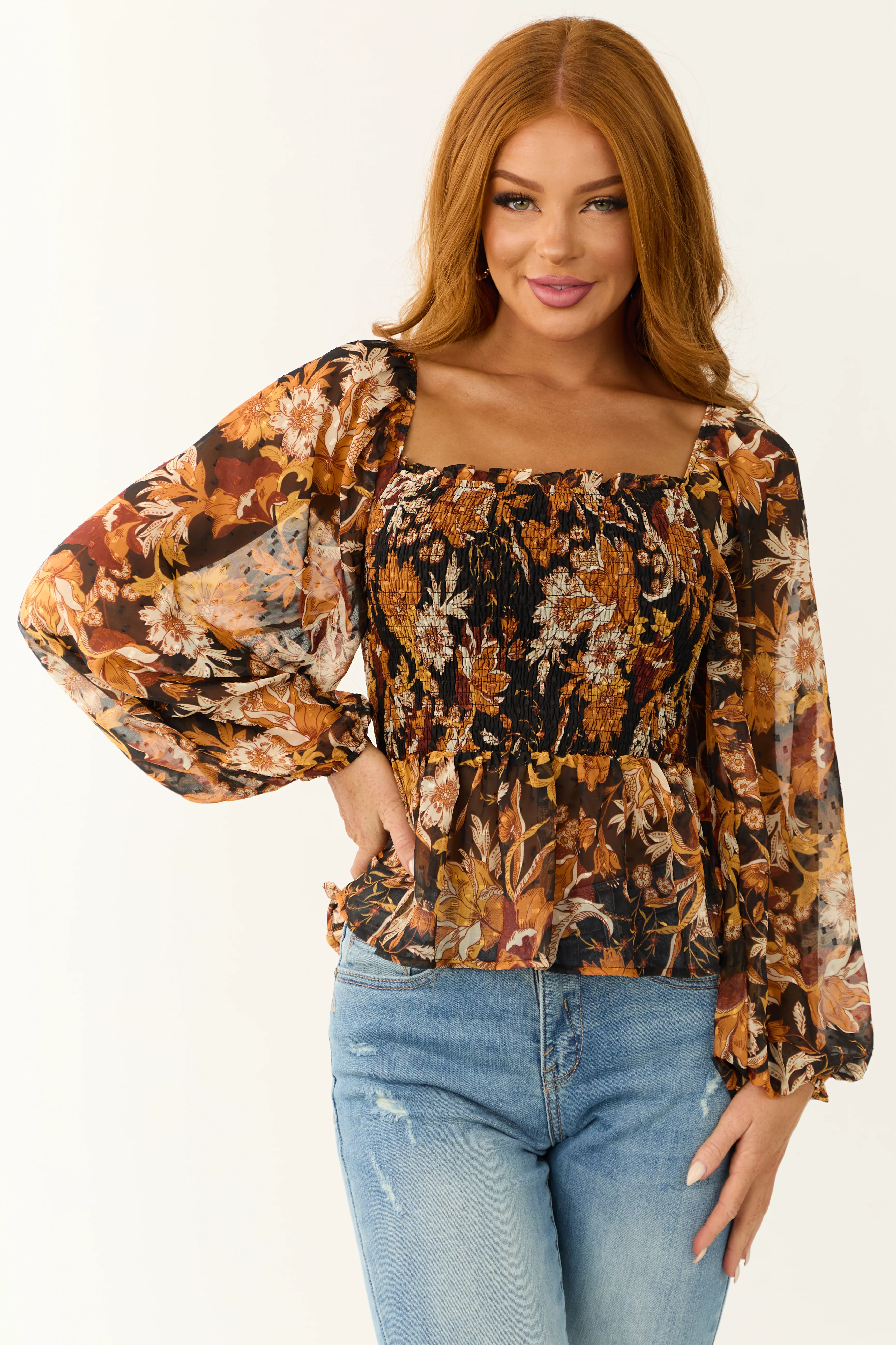 Flying Tomato Black Floral Print Smocked Top - LD SALE