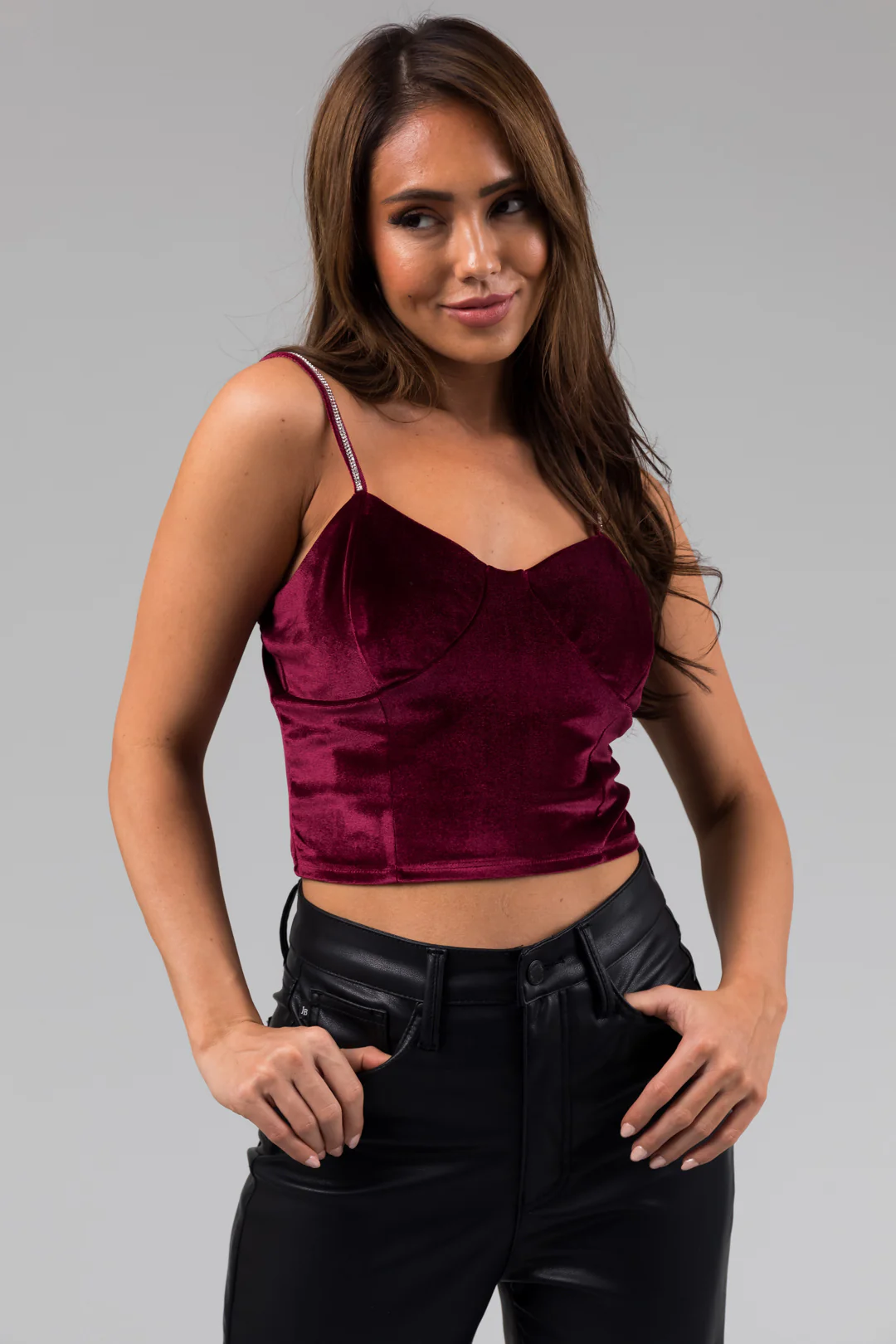 Wine Rhinestone Strap Velvet Bustier Crop Top - LD SALE