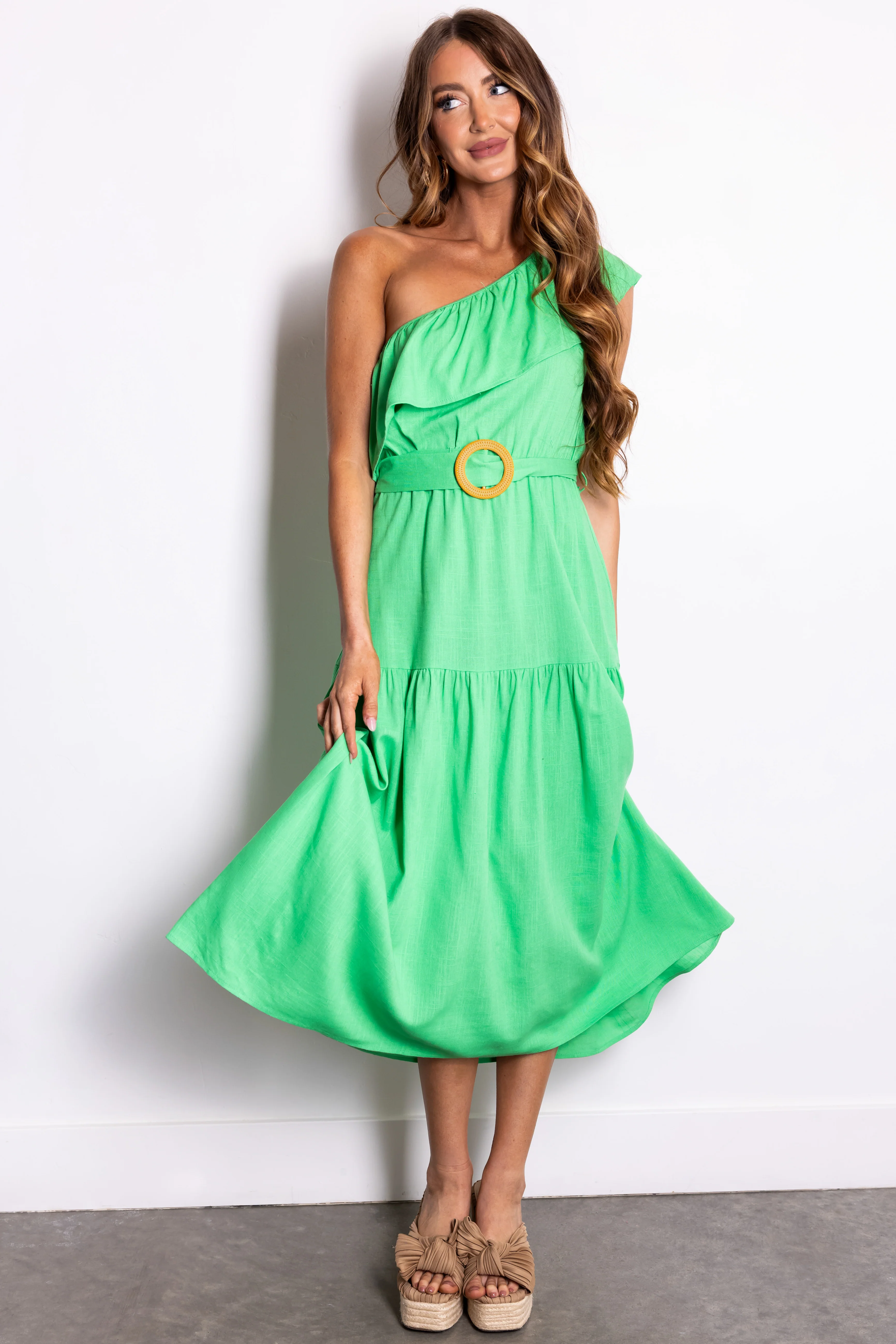 She+Sky Kelly Green Ruffle One Shoulder Midi Dress - LD SALE