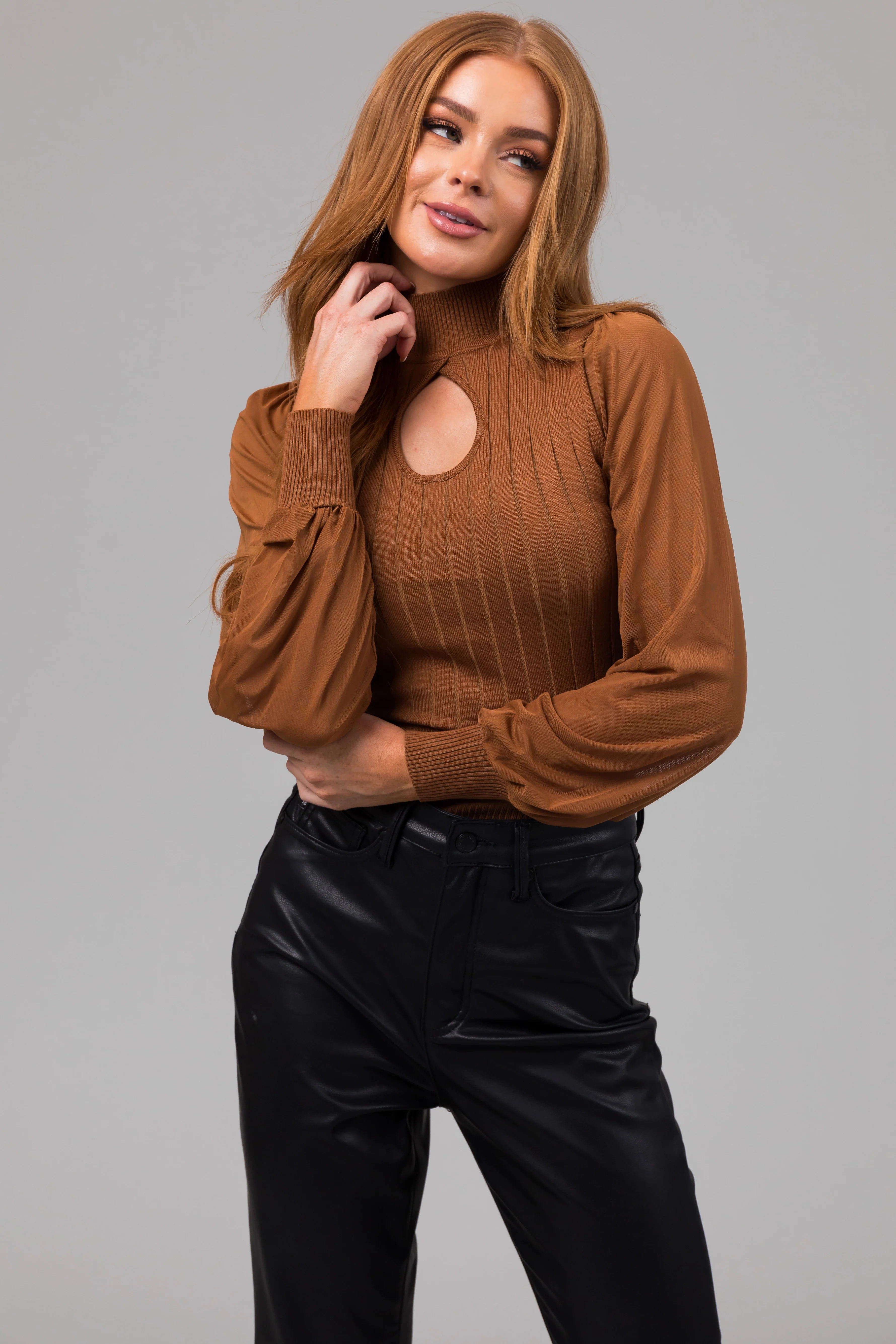 Cognac Mock Keyhole Neck Illusion Sleeve Top - LD SALE