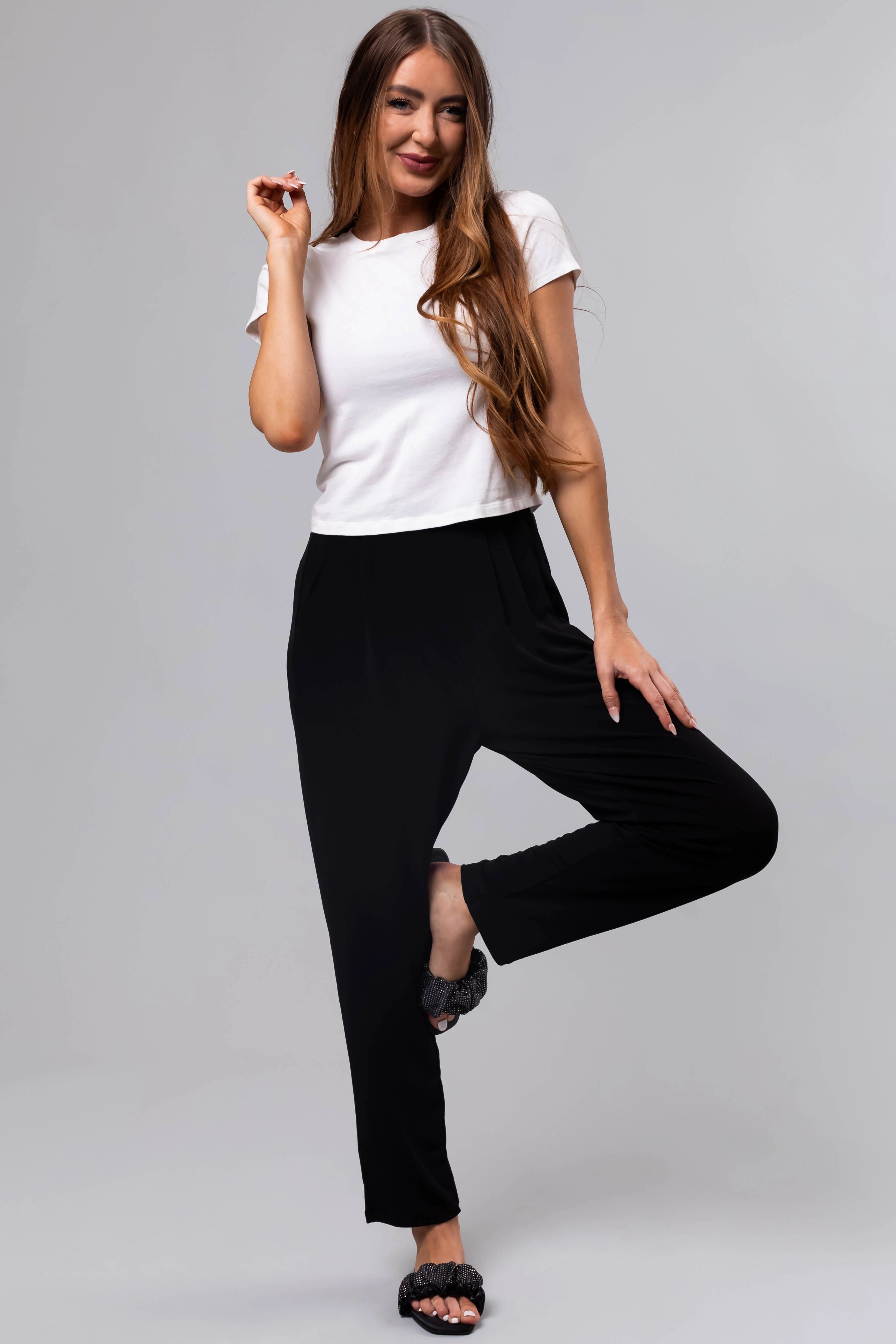 Black High Waist Pleated Straight Leg Pants - LD SALE