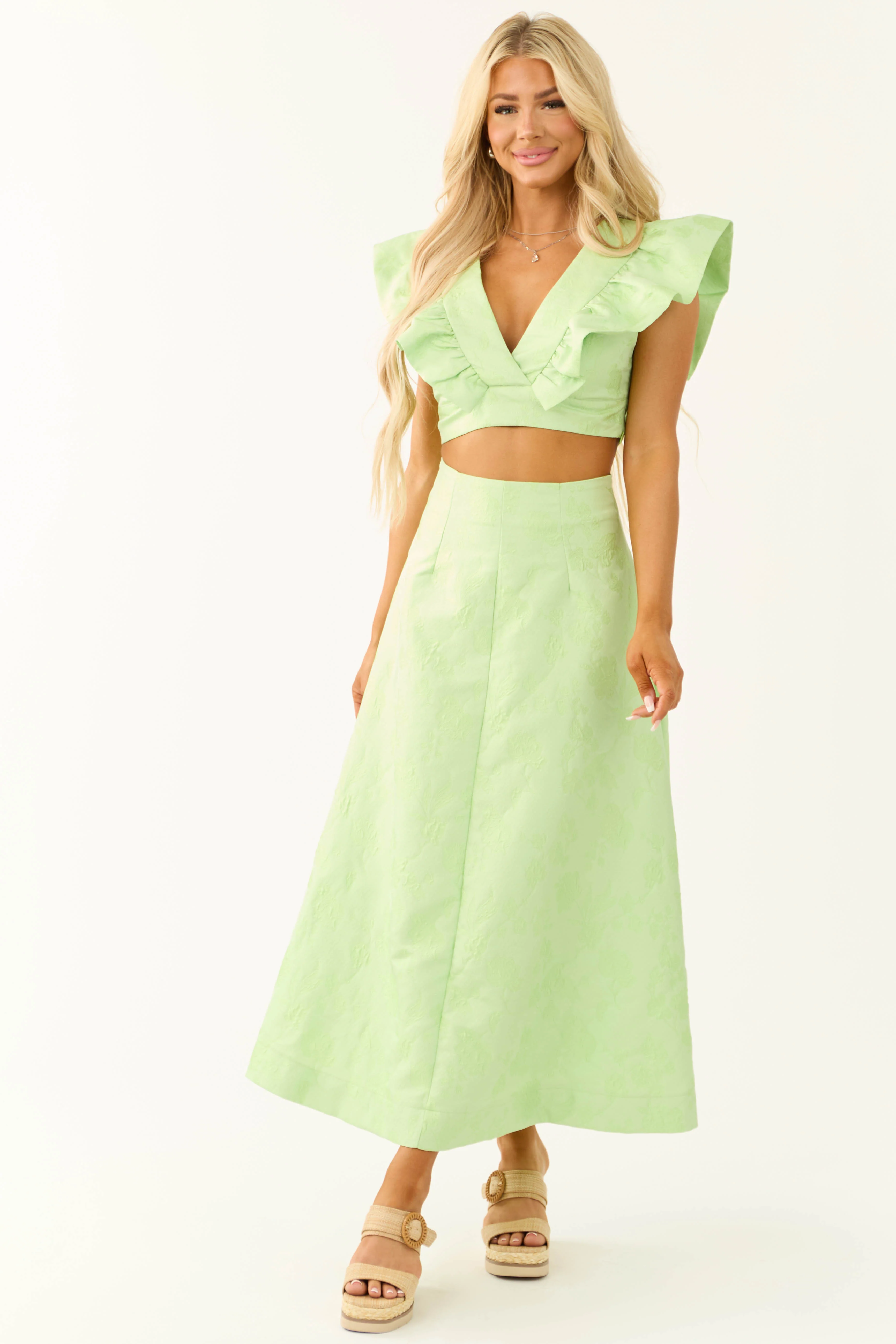 Light Lime Floral Jacquard A Line Midi Skirt - LD SALE