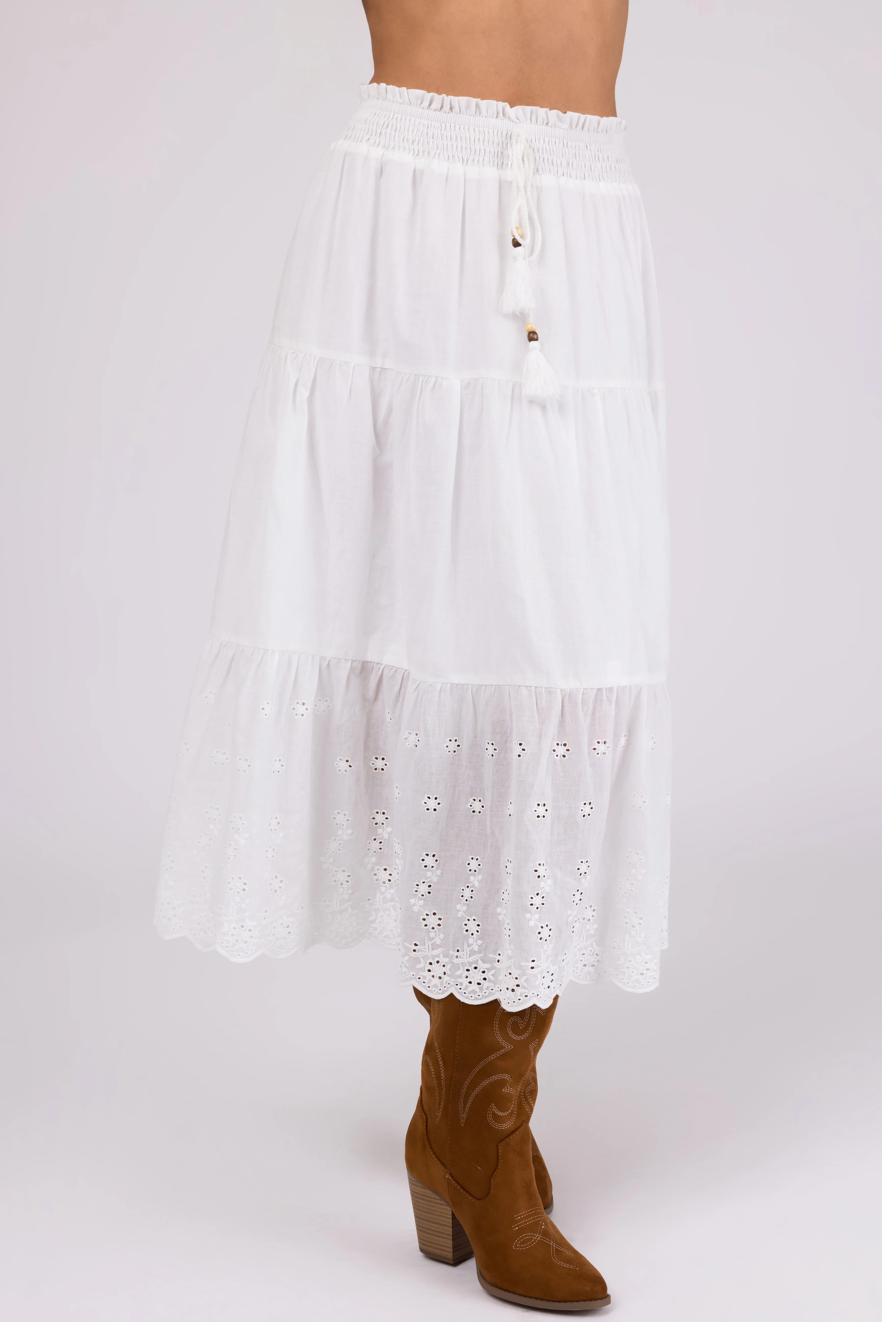 Off White Eyelet Detail Tiered Midi Skirt - LD SALE