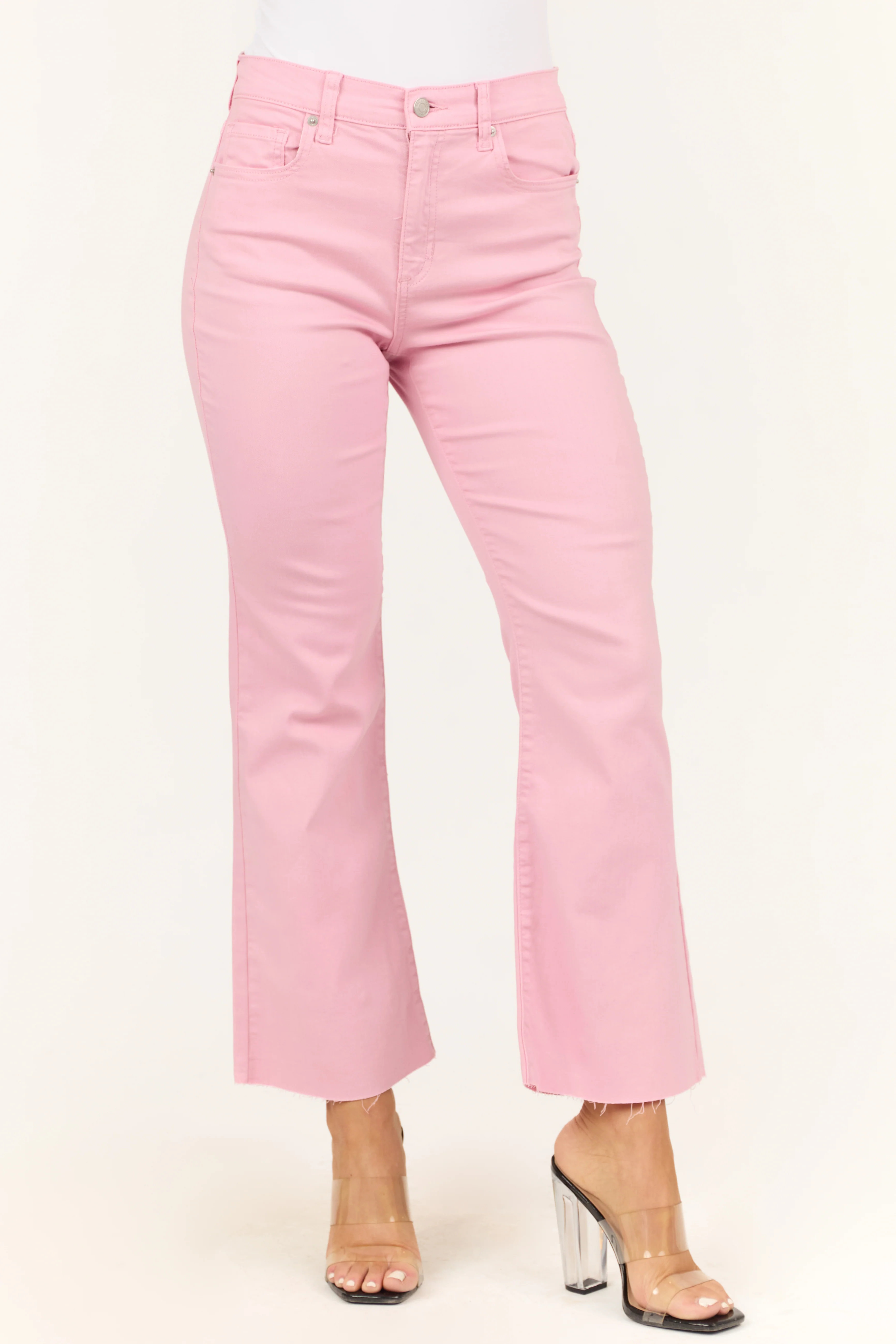 Sneak Peek Baby Pink High Rise Flare Ankle Jeans - LD SALE