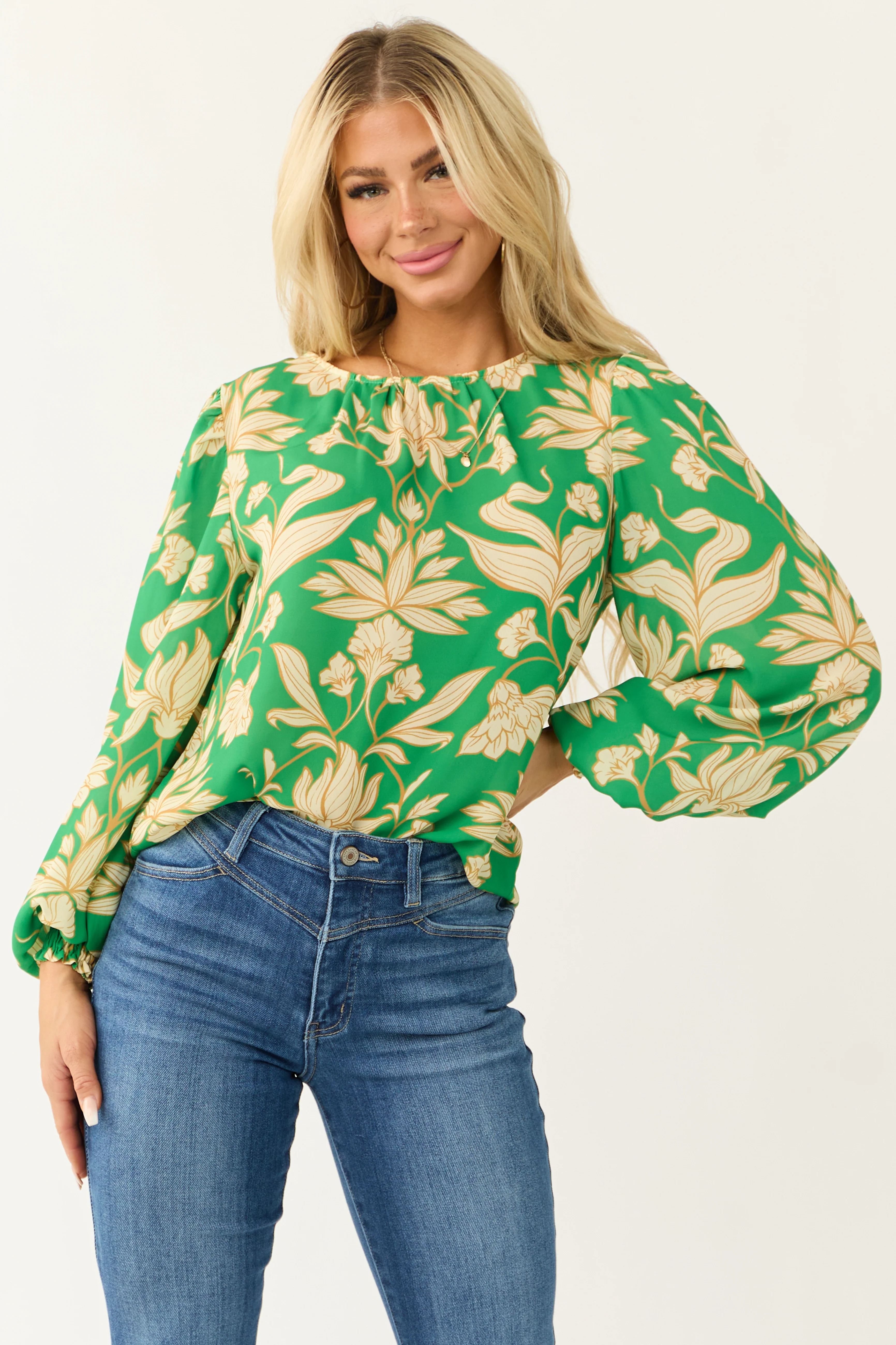 Flying Tomato Kelly Green Leaf Print Long Sleeve Top - LD SALE