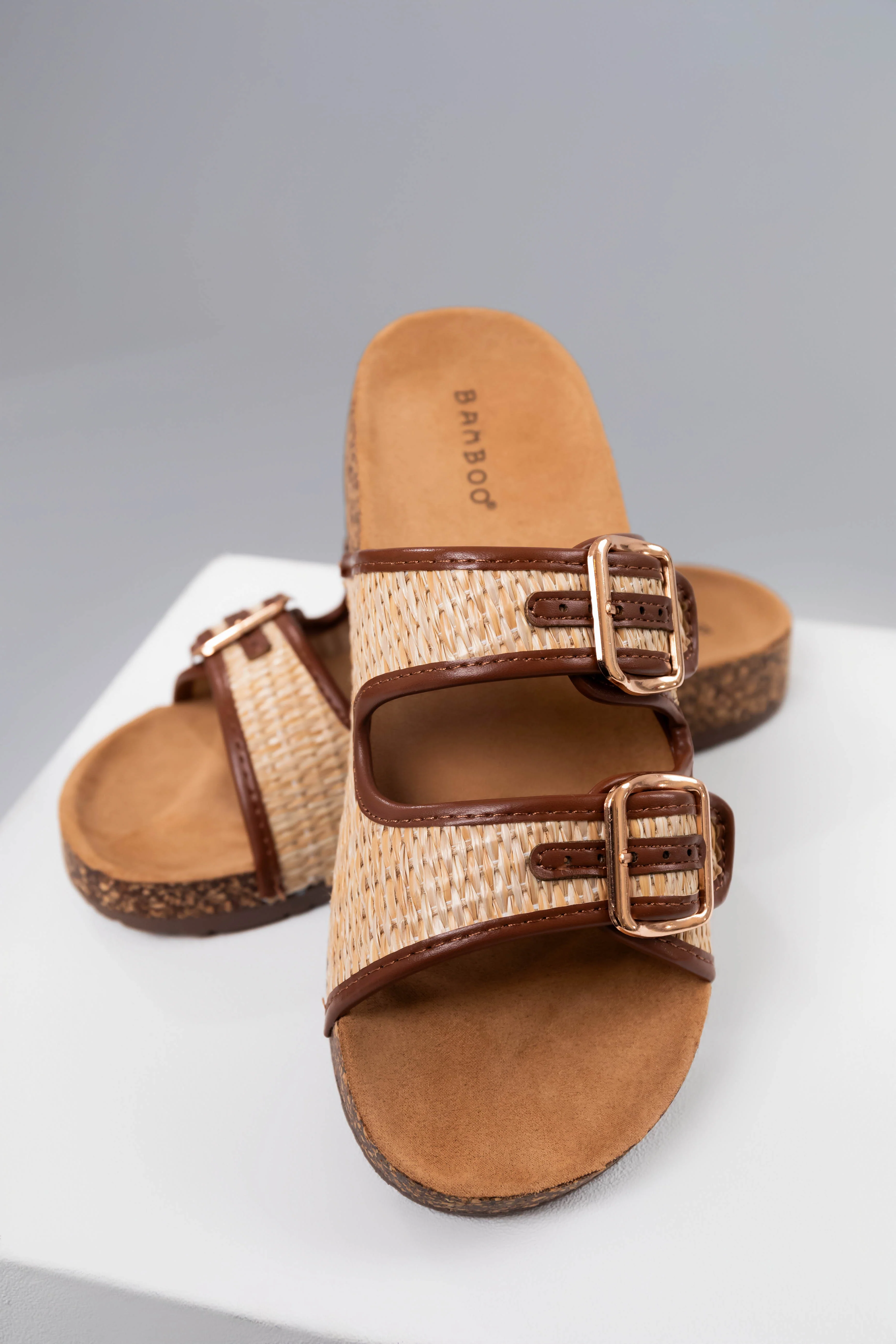 Sand Raffia Woven Cork Slide Sandals - LD SALE