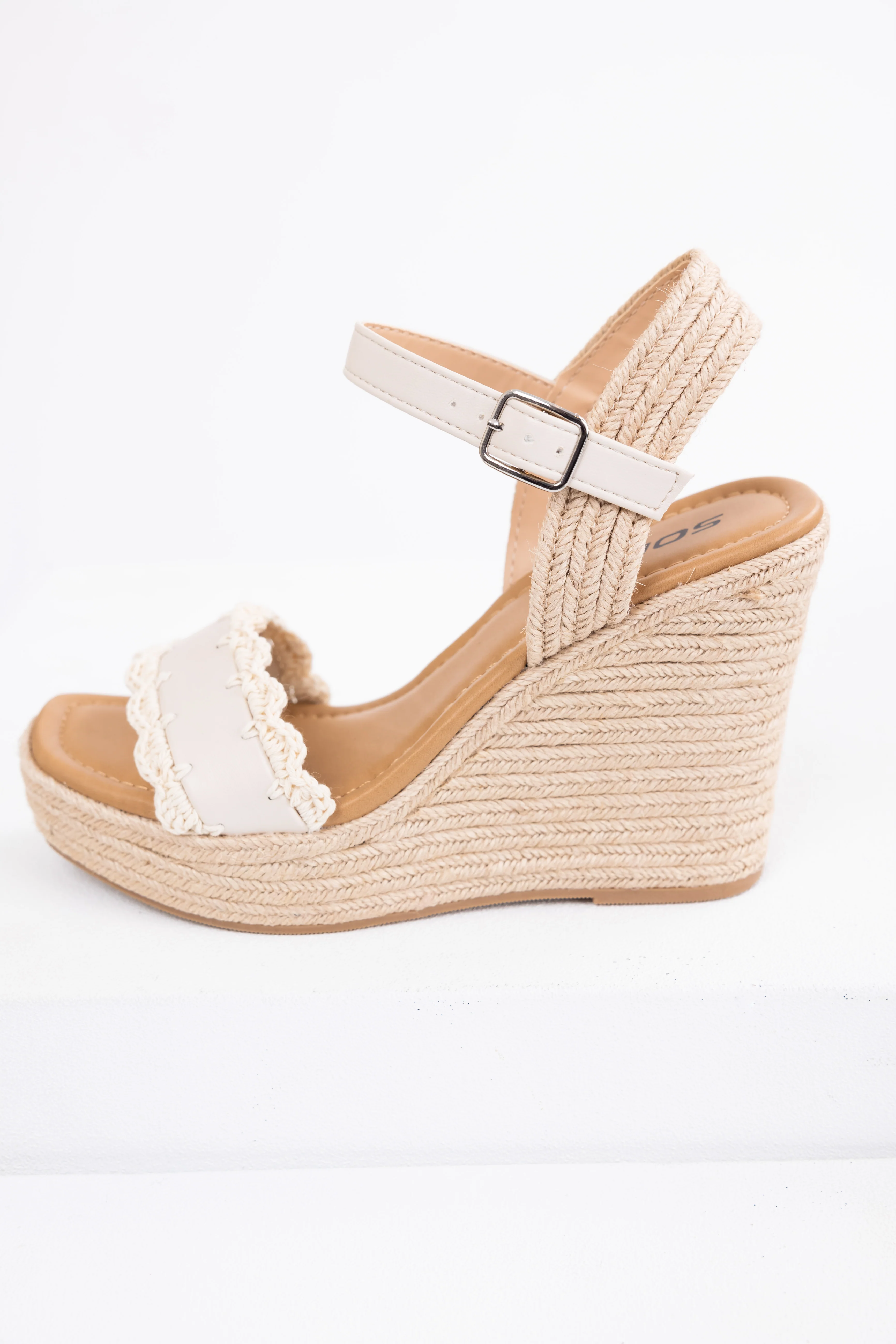 Ivory Crochet Trim Strap Espadrille Wedges - LD SALE