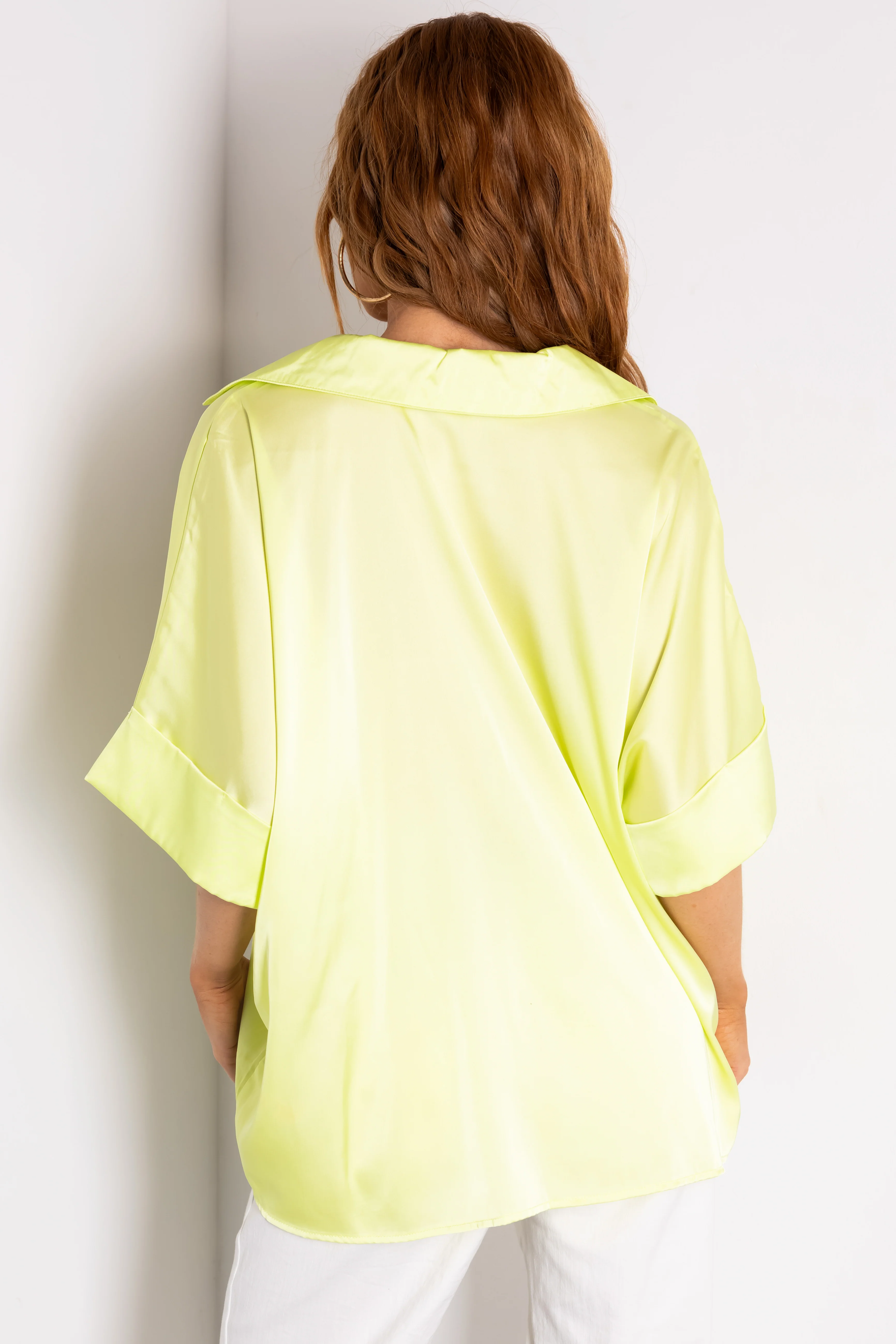 Lime V Neck Collared Satin Blouse - LD SALE