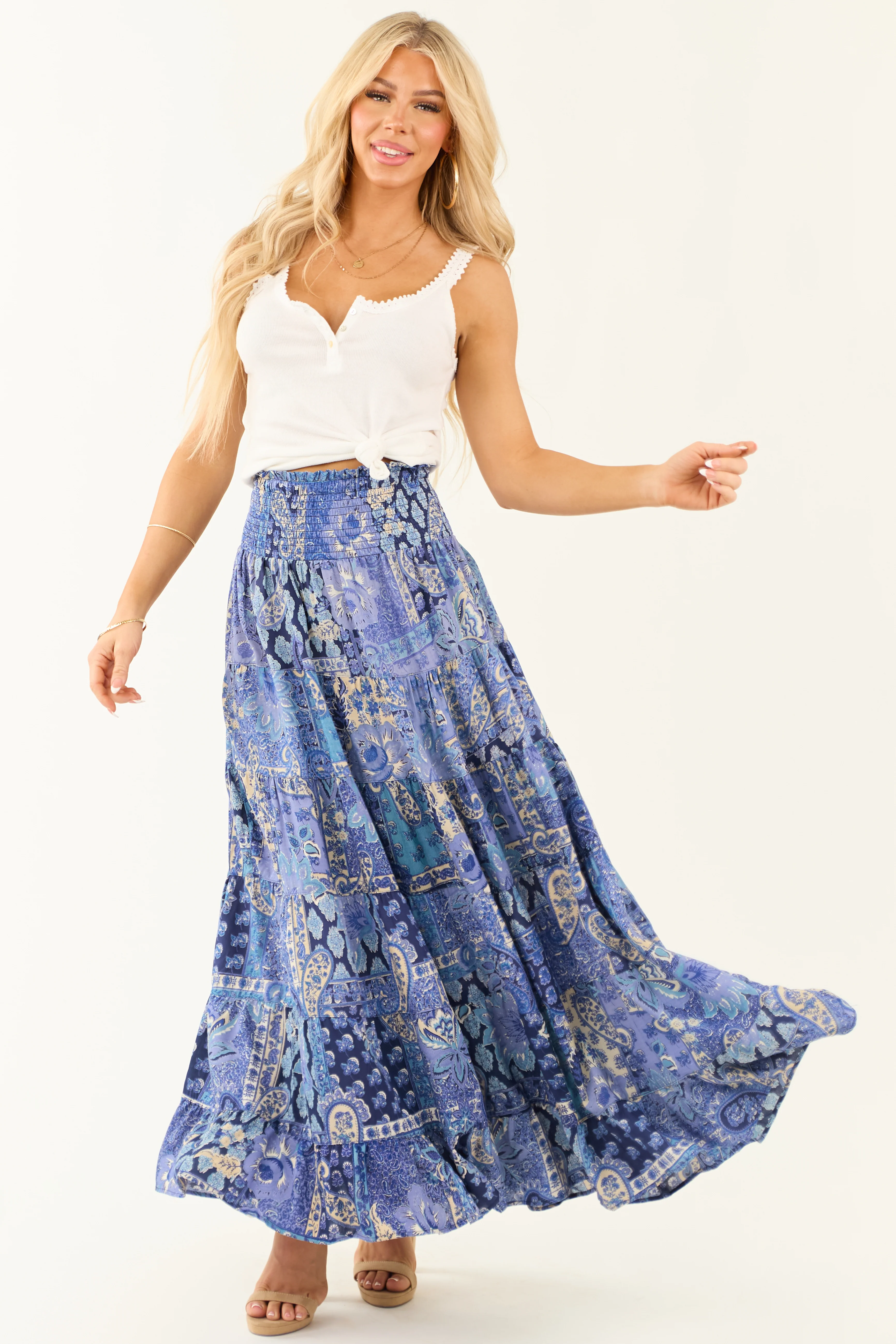 Dusty Blue Floral Print Smocked Tiered Maxi Skirt - LD SALE