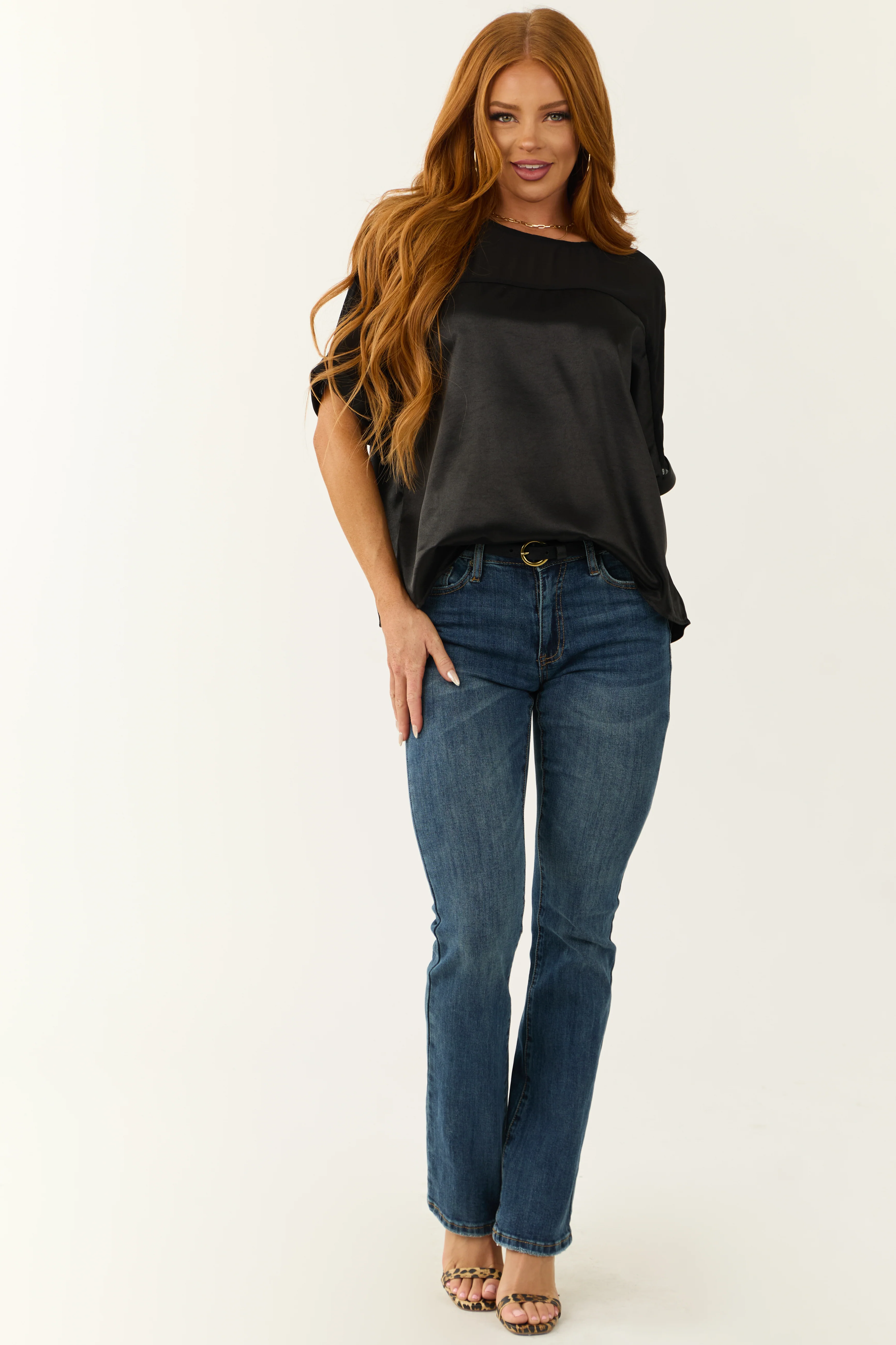 Black Contrast Yoke Cuffed Sleeve Satin Blouse - LD SALE