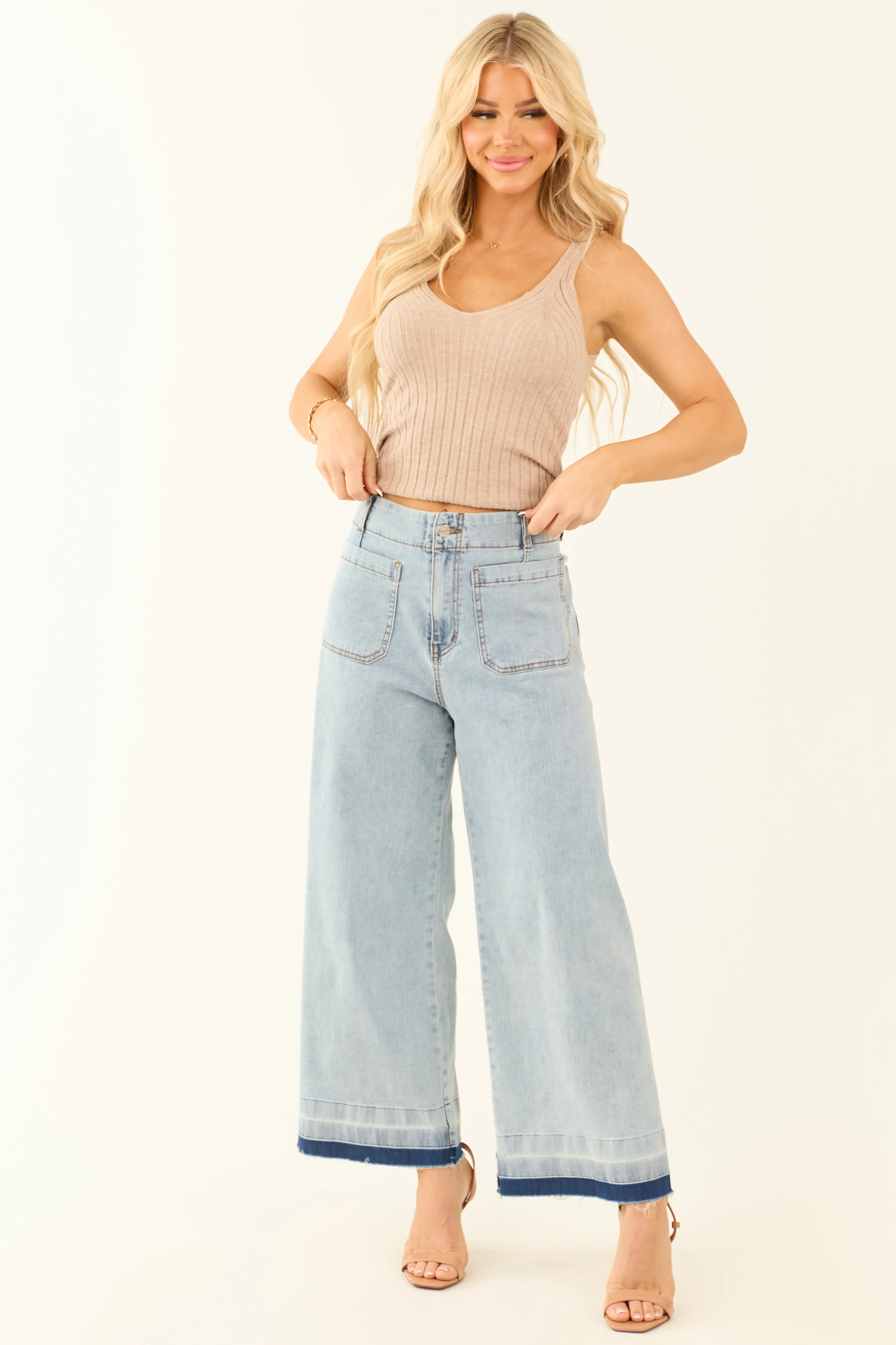 Light Mineral Wash Denim Ombre Hem Patch Pocket Jeans - LD SALE