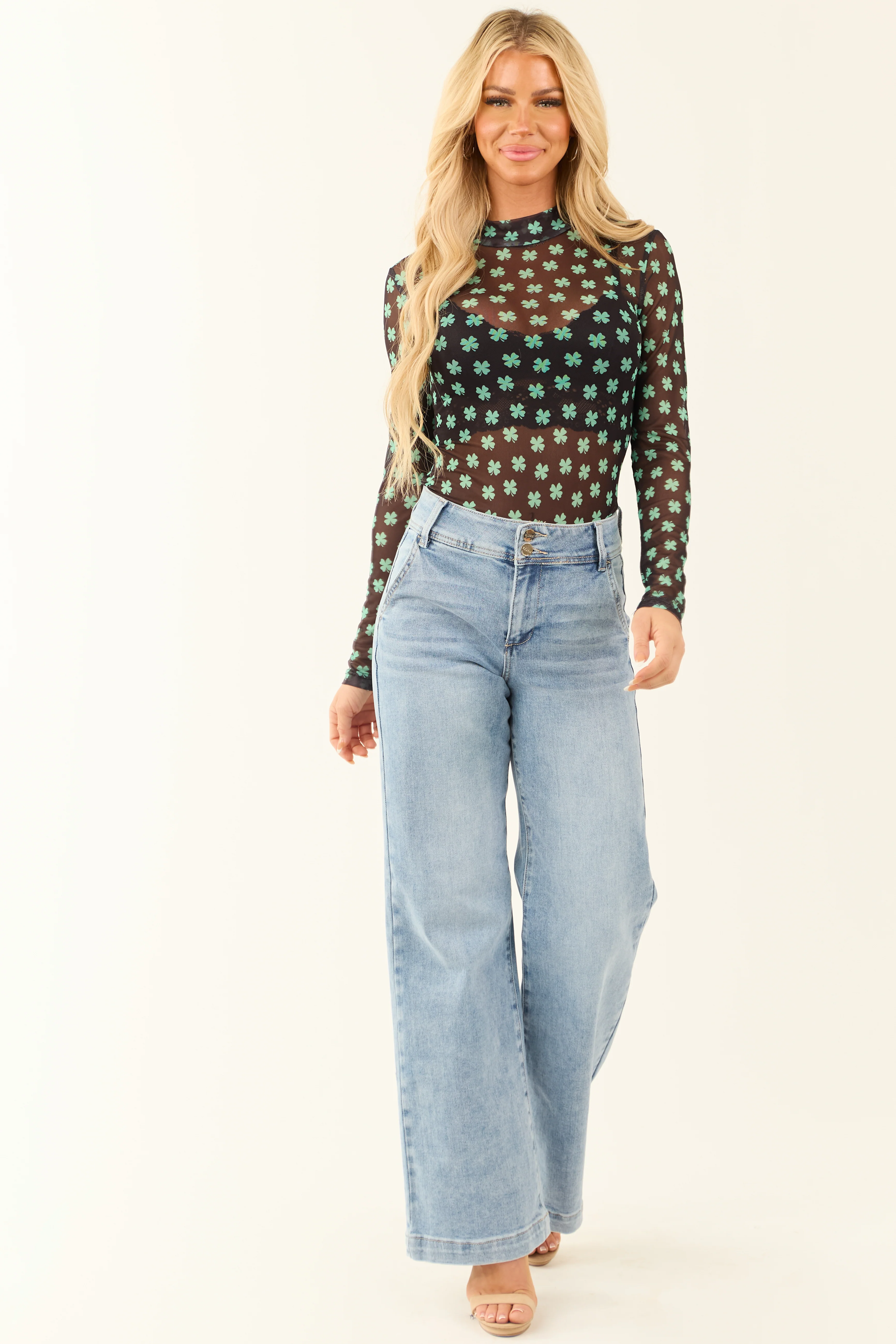 Black Shamrock Print Long Sleeve Mesh Bodysuit - LD SALE
