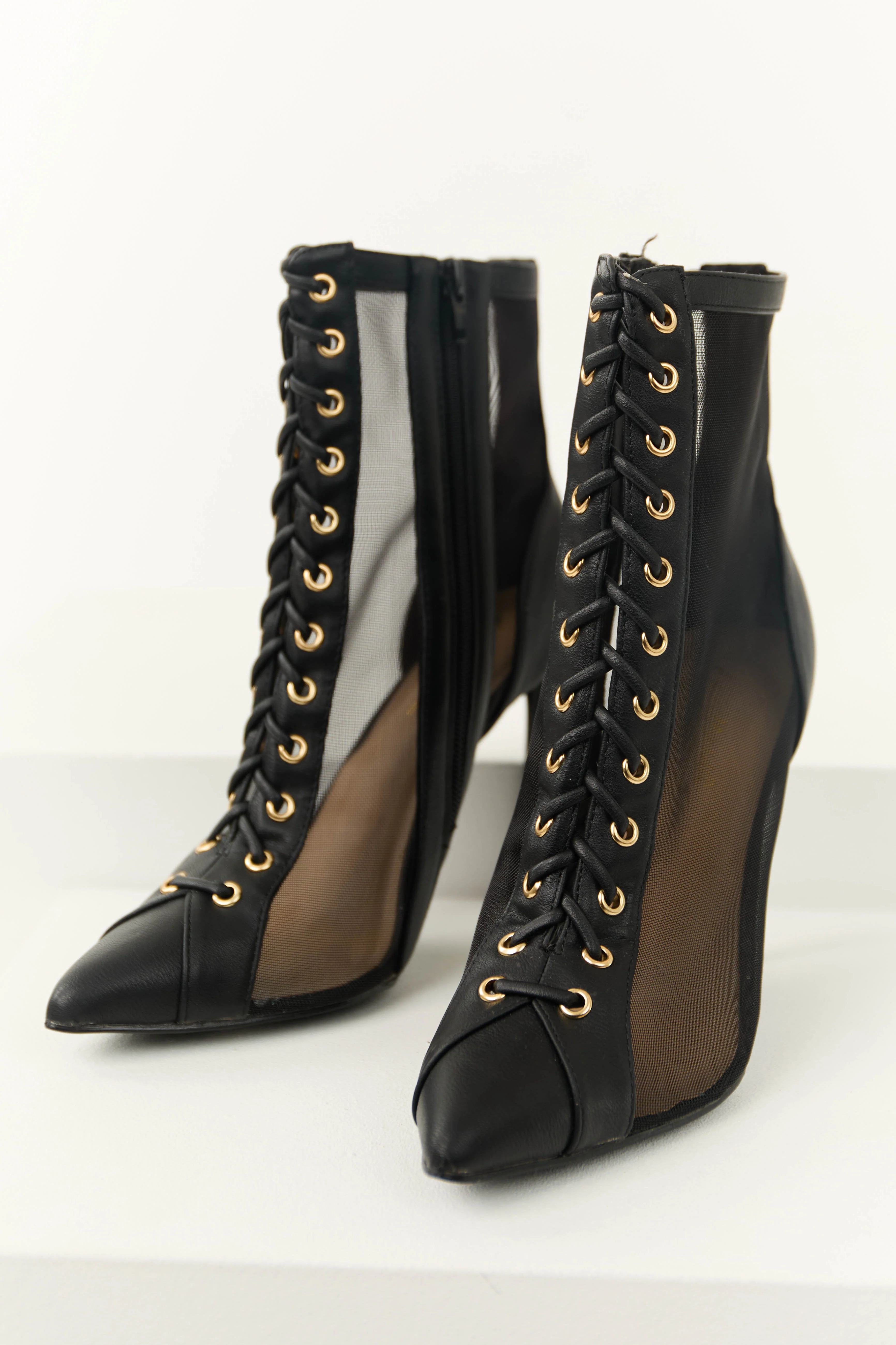Black Sheer Mesh Lace Up Stiletto Booties - LD SALE