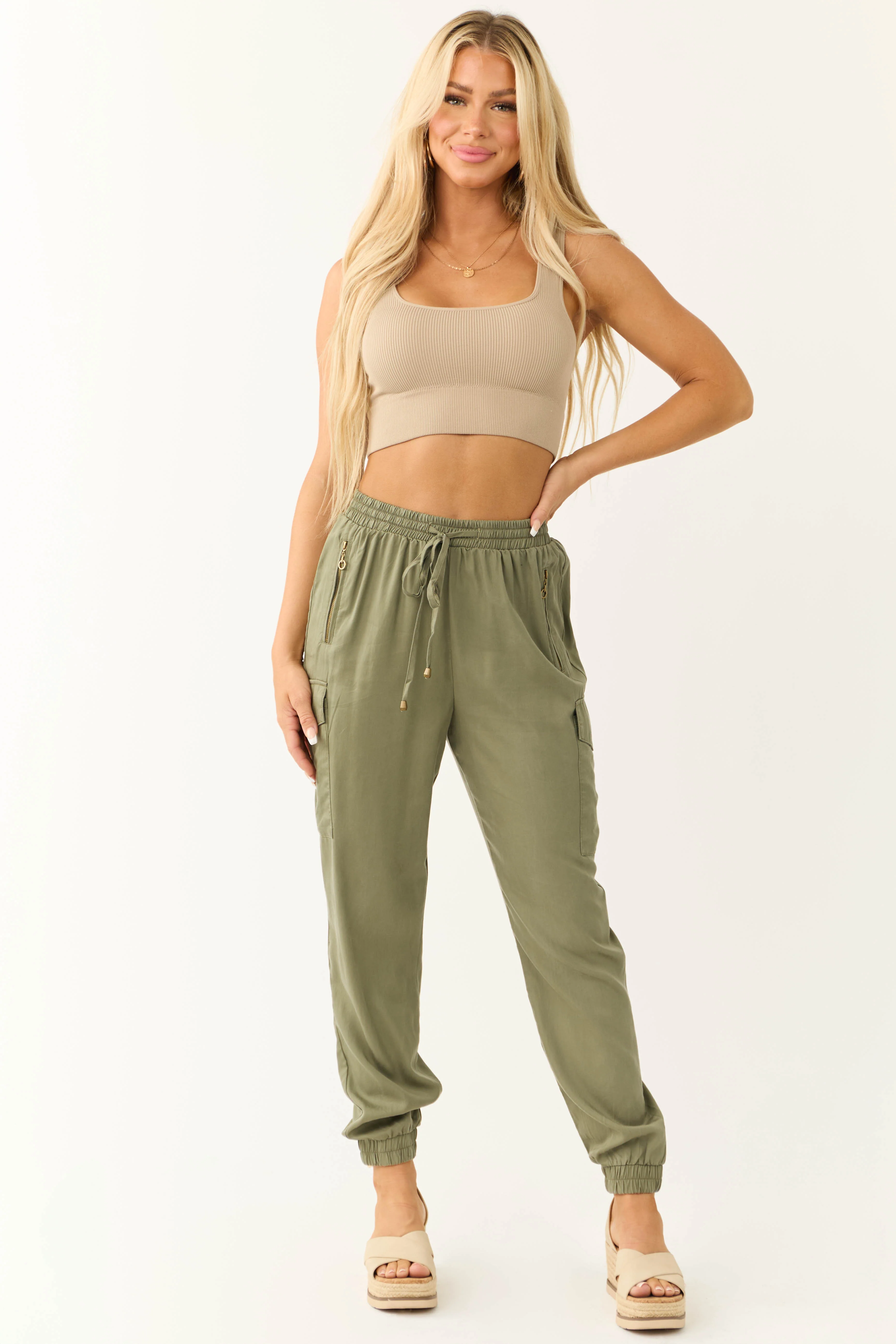 Olive Smocked Drawstring Waistband Joggers - LD SALE
