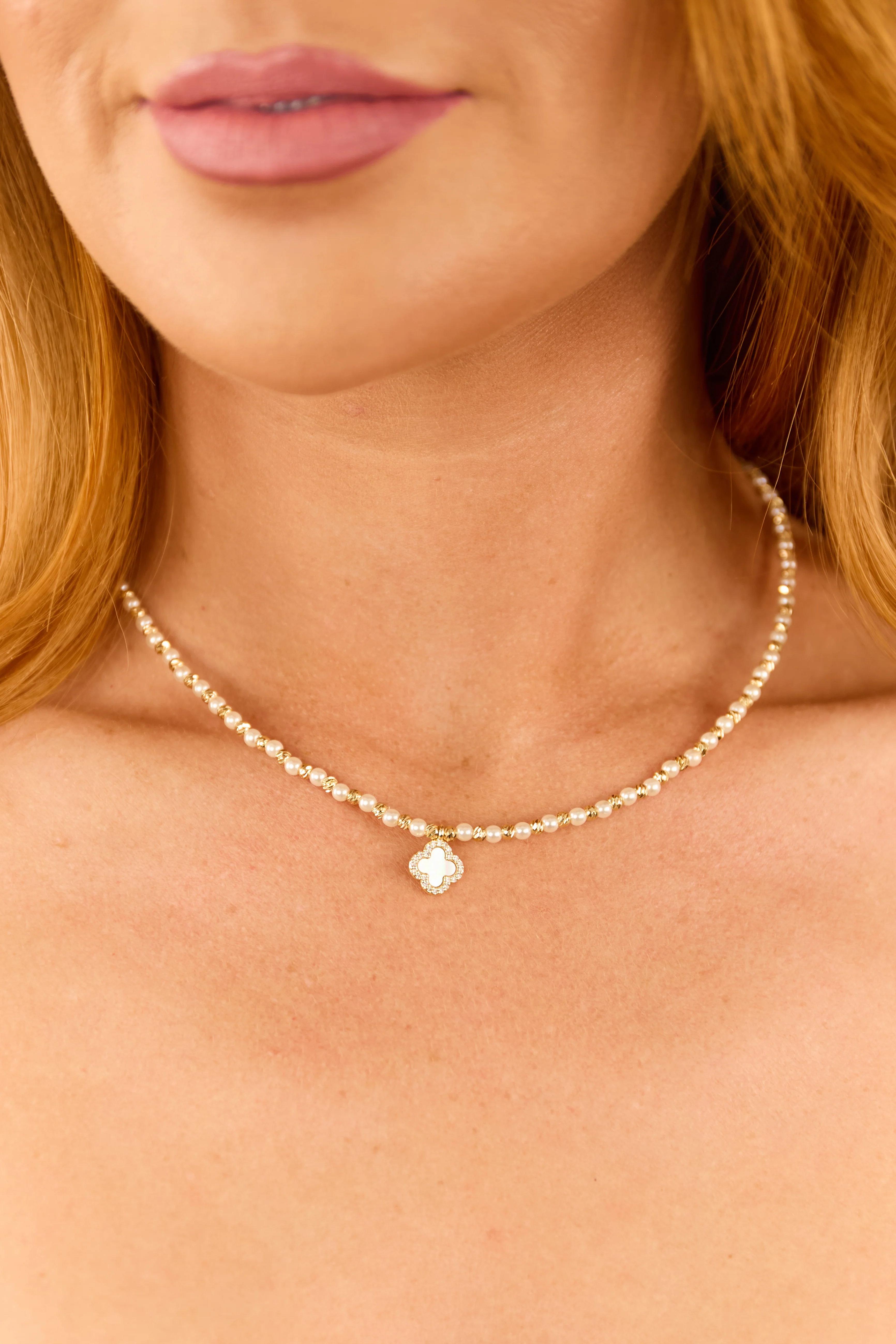Gold Clover Pendant Pearl Beaded Necklace - LD SALE