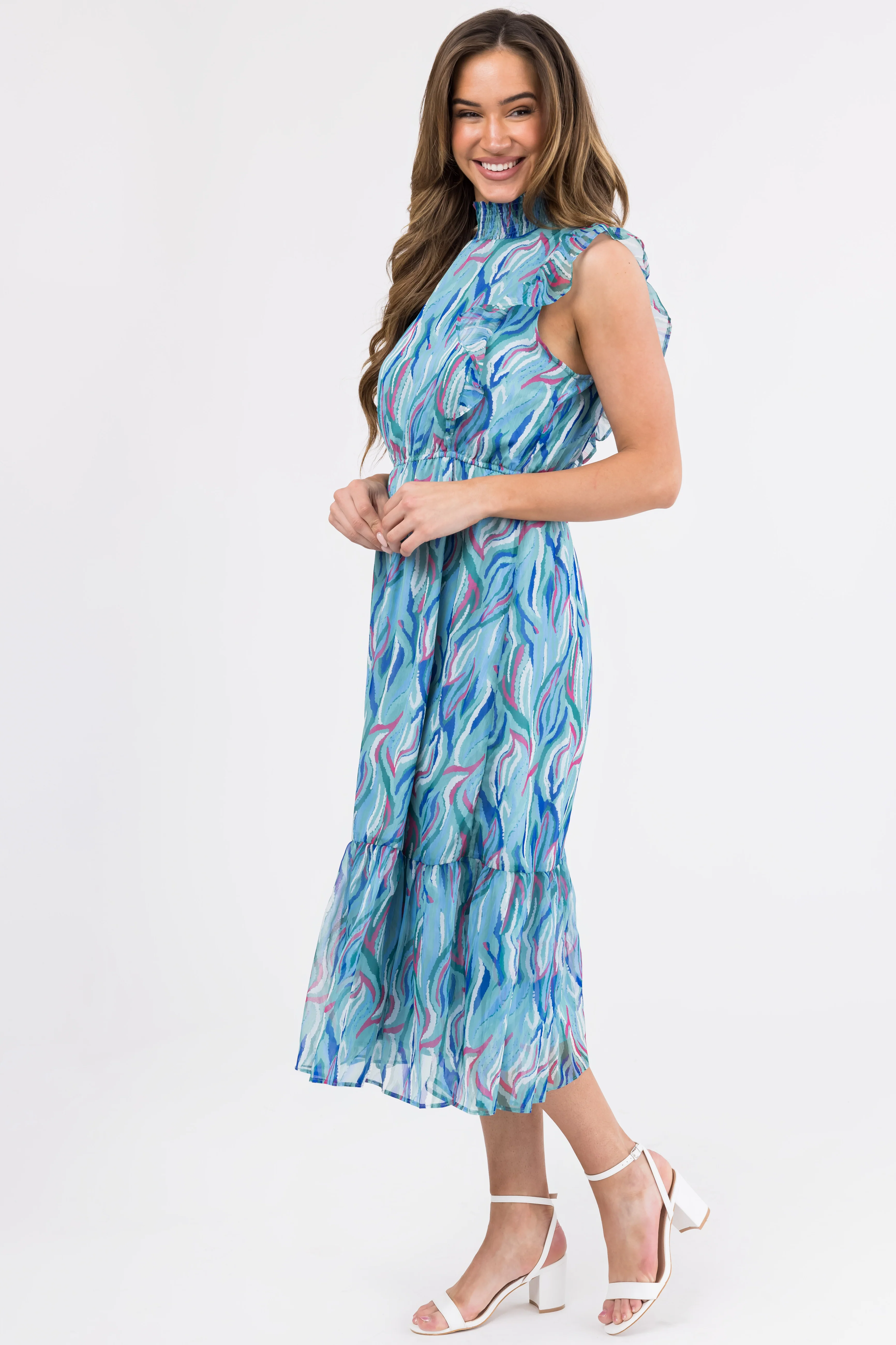 Seafoam Abstract Print Ruffled Midi Dress - LD SALE