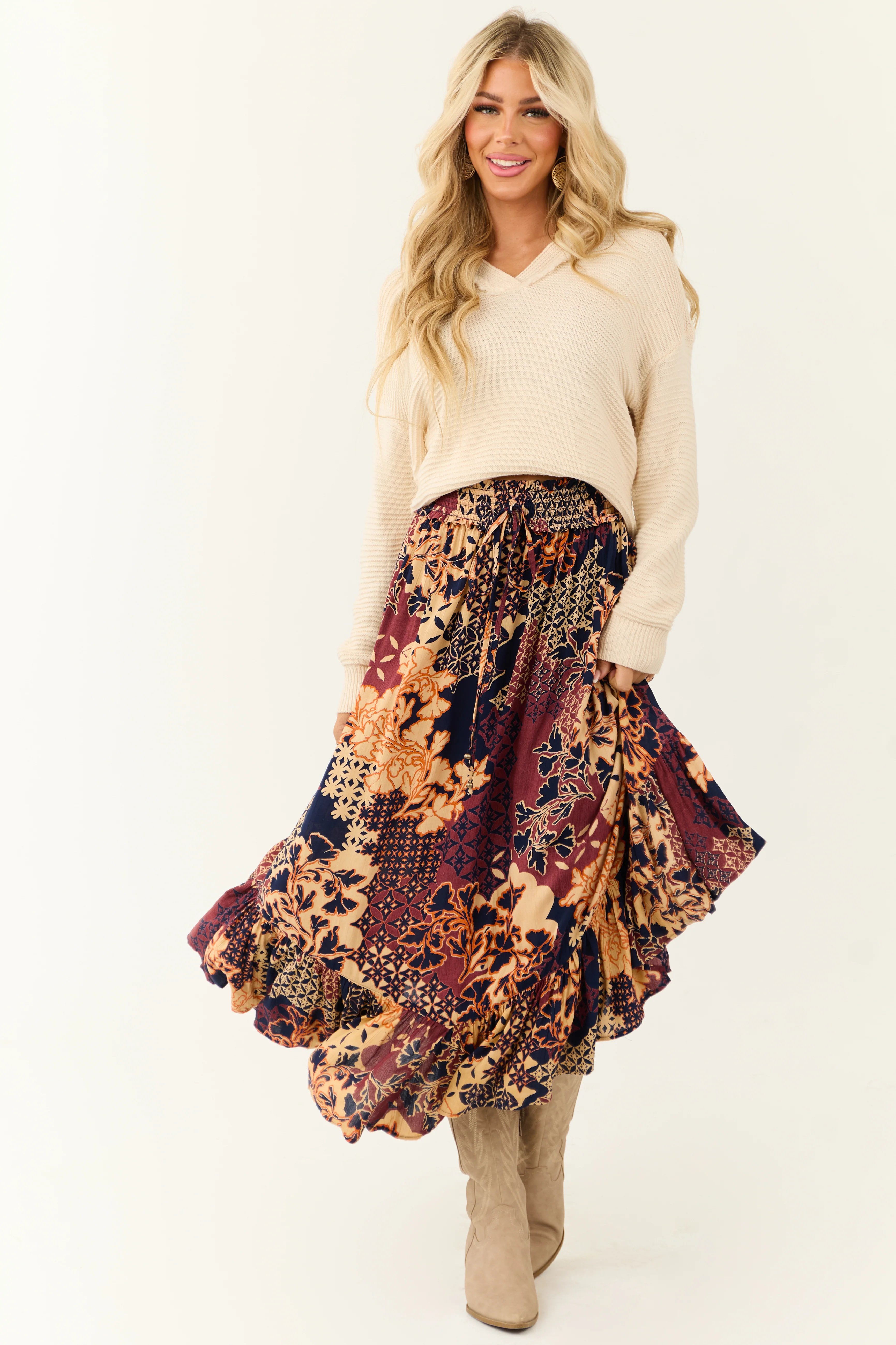 Sangria Abstract Floral Print Maxi Skirt - LD SALE